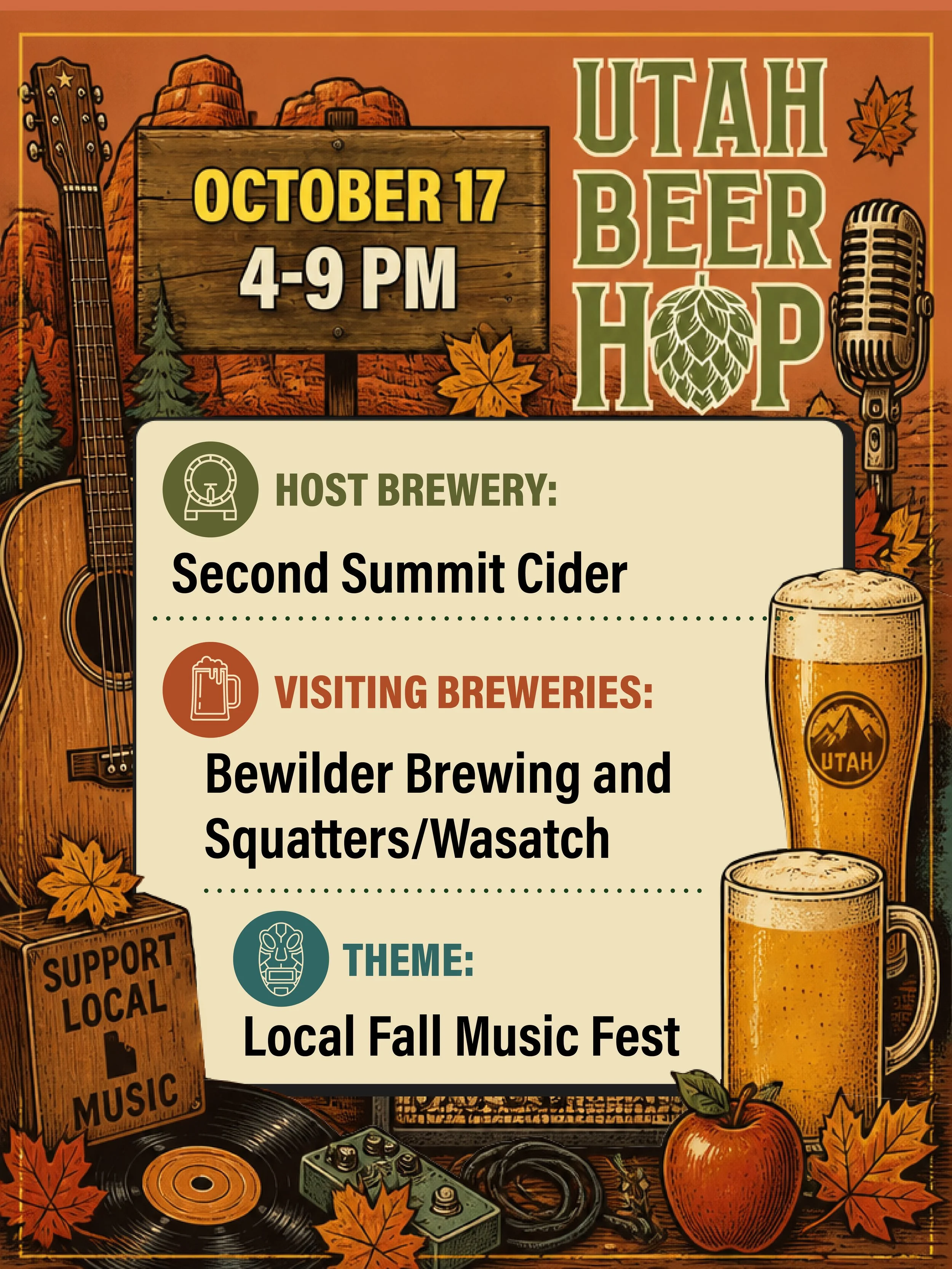 Event poster for Utah Beer Hop on October 17, 4-9 PM, featuring Second Summit Cider and visiting breweries Bewlder Brewing and Squatters Wasatch, with autumn theme decorations including leaves, pumpkins, guitars, a microphone, audio equipment, and beer glasses.