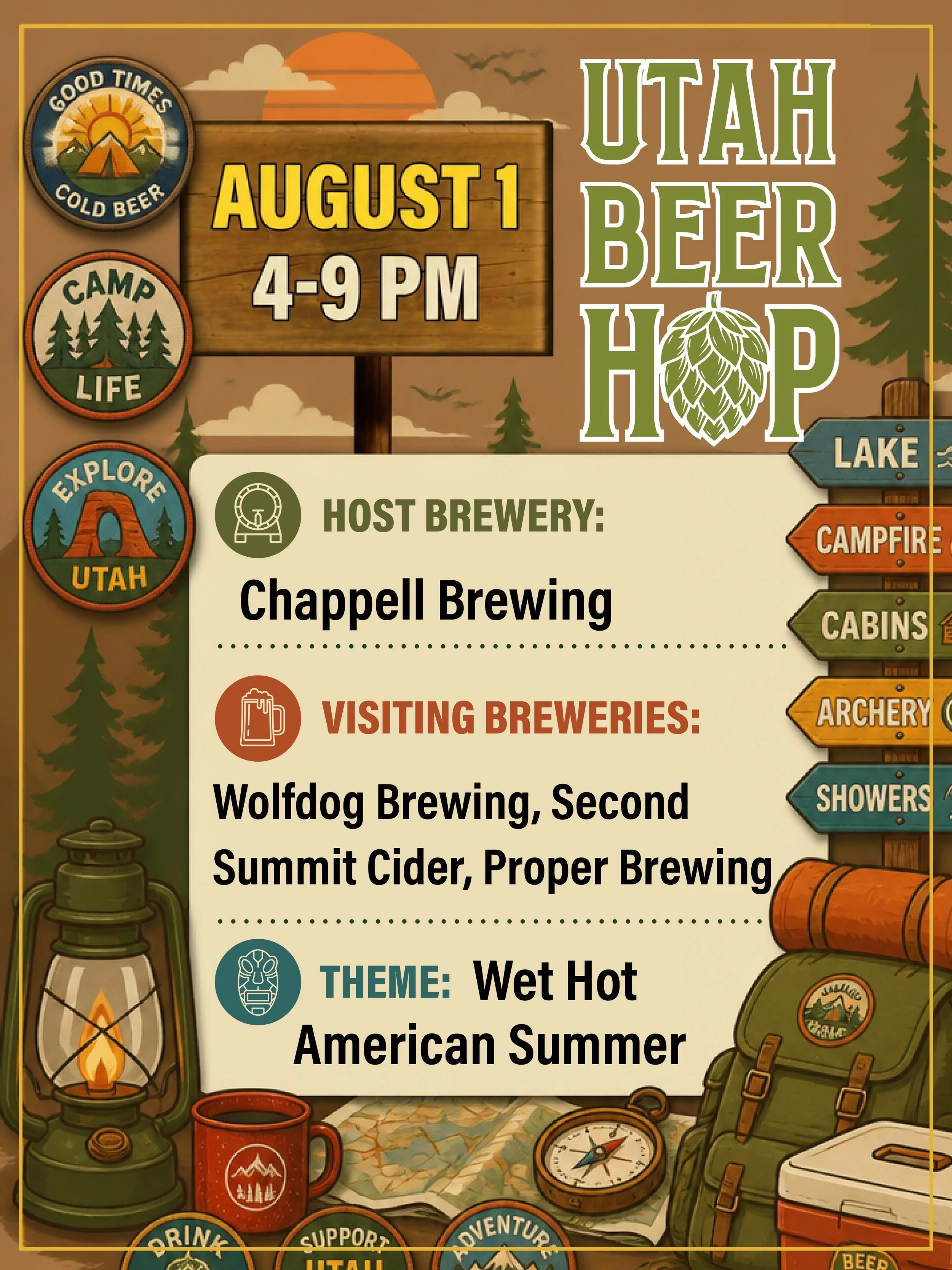Event poster for Utah Beer Hop on August 1, 4-9 PM, featuring host brewery Chappell Brewing and visiting breweries Wolfdog Brewing and Summit Cider. The poster has a mountain and forest theme with camping and outdoor images.