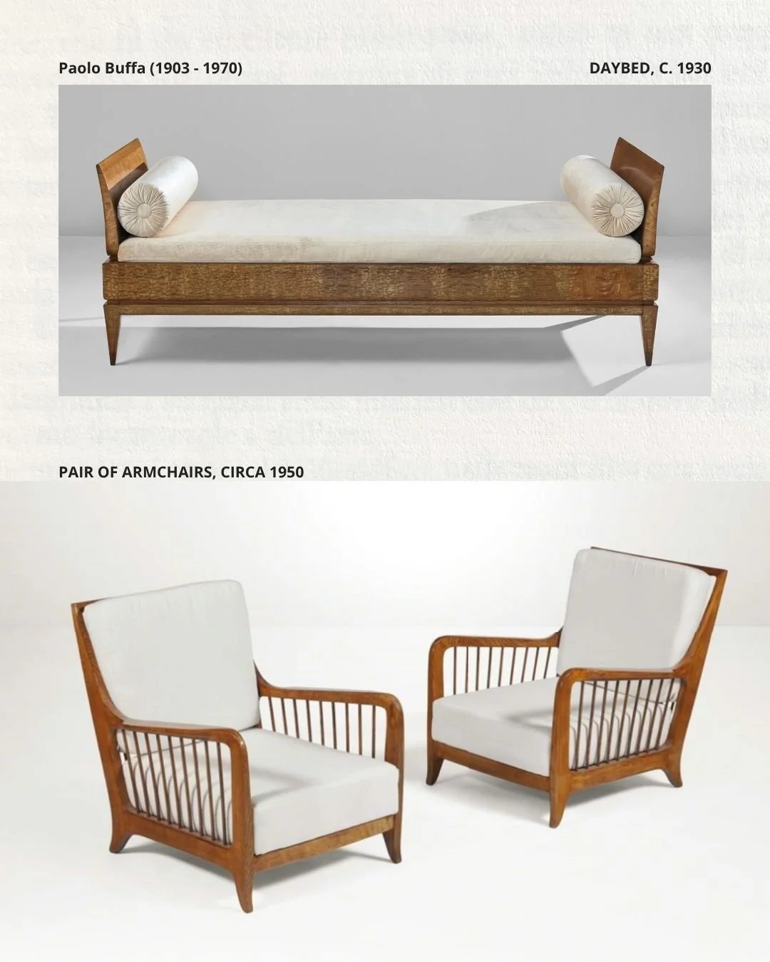 Furniture by Paolo Buffa, daybed circa 1930, pair of armchairs circa 1950