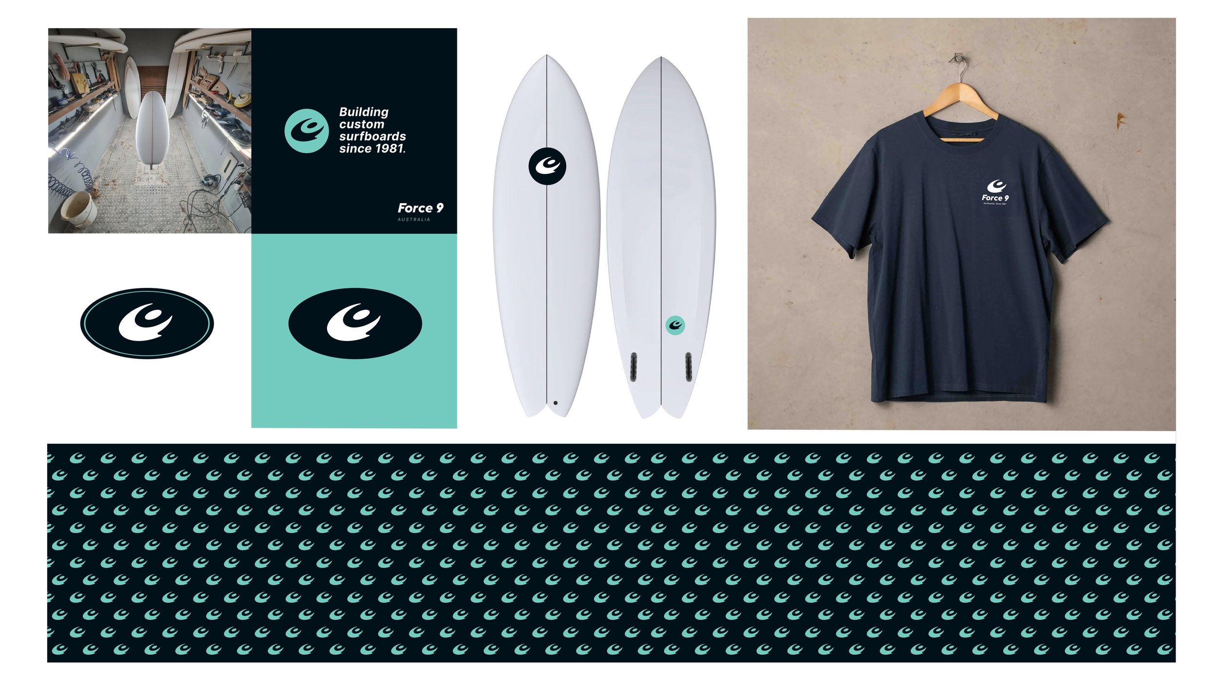 A collage featuring a surfboard workshop, two white surfboards with logos, a navy blue t-shirt with a logo hanging on a wall, and a repeating pattern of surfboard logos on a black background.