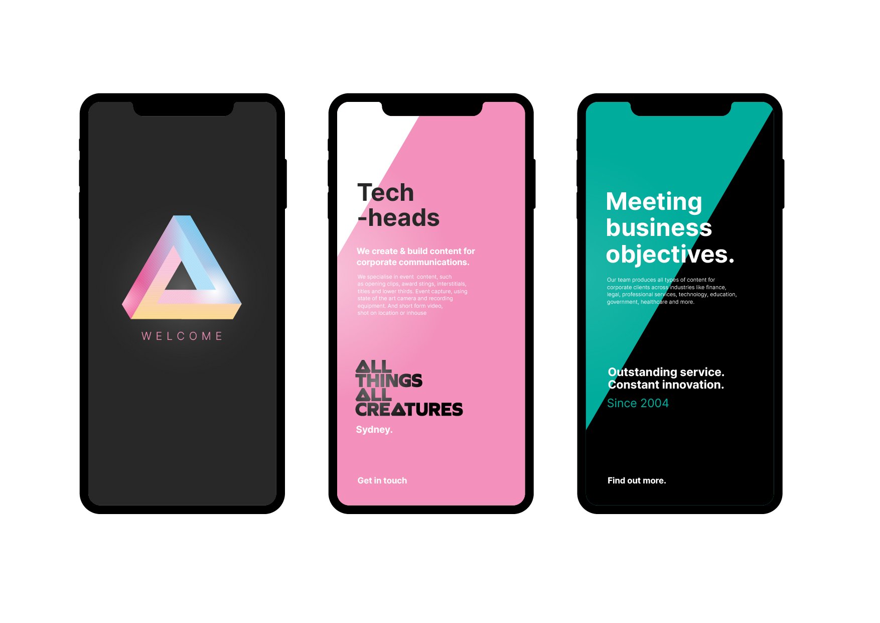 Three smartphone screens displaying different modern, colorful business presentation slides with text and graphics.