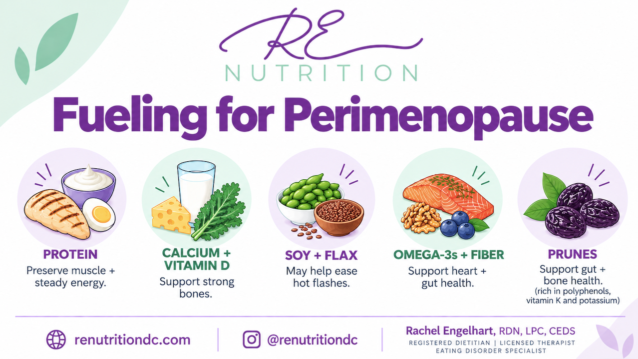 Fueling for Perimenopause
Nutrition needs can shift as hormones change. This guide highlights a few key foods and nutrients that can support muscle, bone, heart and gut health throughout perimenopause. 