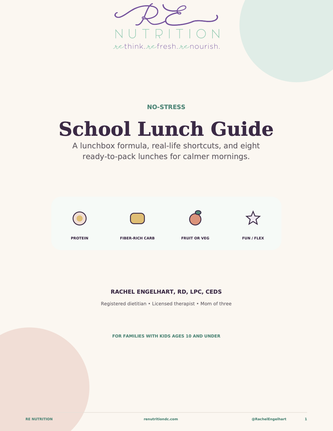 School Lunch Guide cover page by RE Nutrition, featuring a pastel color palette, icons representing protein, fiber-rich carbs, fruit or vegetables, and fun/flex, designed for families with children age 10 and under.