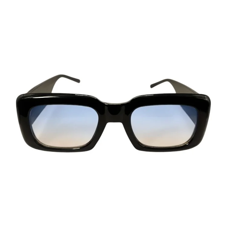 Black sunglasses with a gradient lens and yellow initials 'JE' on the side