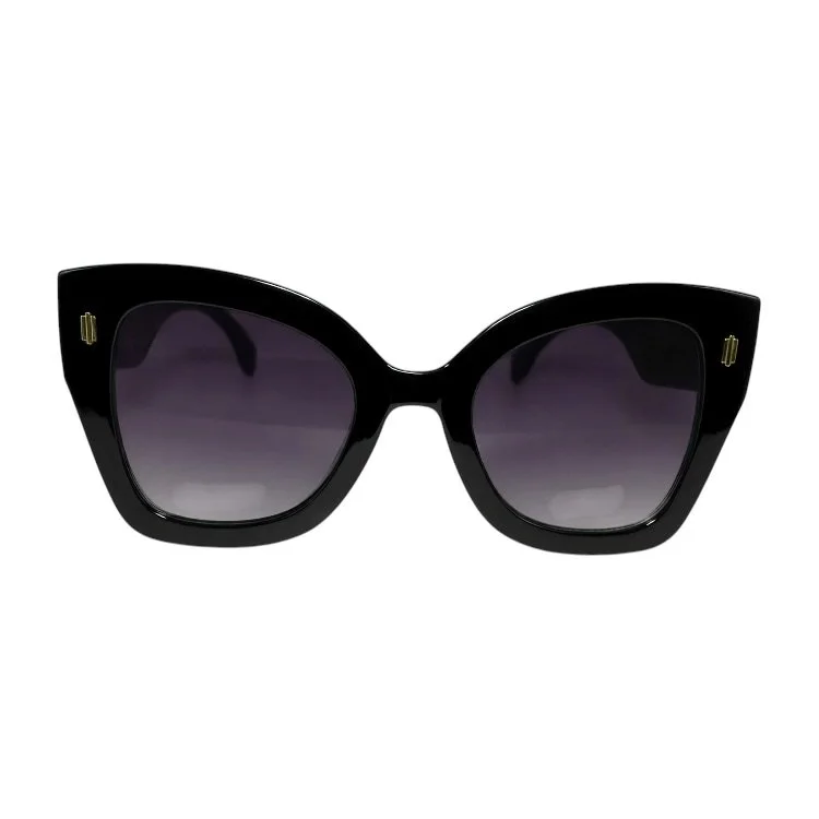 Black sunglasses with gradient purple lenses on a white background.