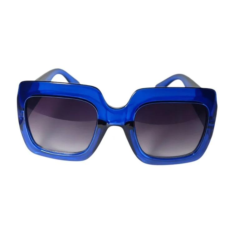Blue rectangular sunglasses with gradient purple tint on the lenses, isolated on a white background.