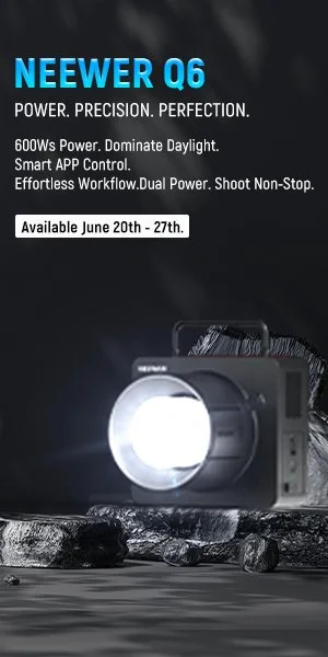 Advertisement for the NEWEER Q6 flashlight highlighting power, precision, and perfection, with 600W power, daylight dominance, smart app control, dual power, and non-stop shooting, available June 20th to 27th; features an image of the flashlight emitting bright light.