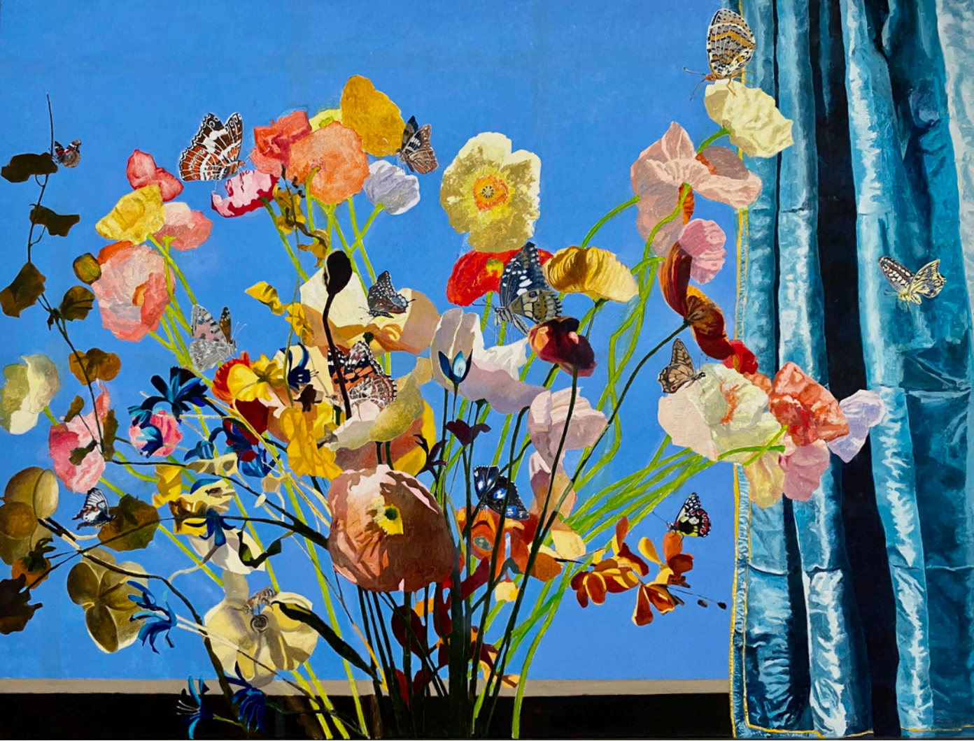 Blue Slik, Poppies and Butterfly Friends