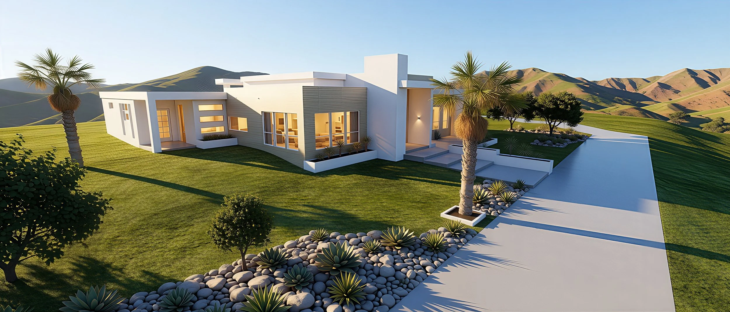Modern white house with large windows, set on a landscaped grassy yard with desert plants and palm trees, with rolling hills in the background during sunset.