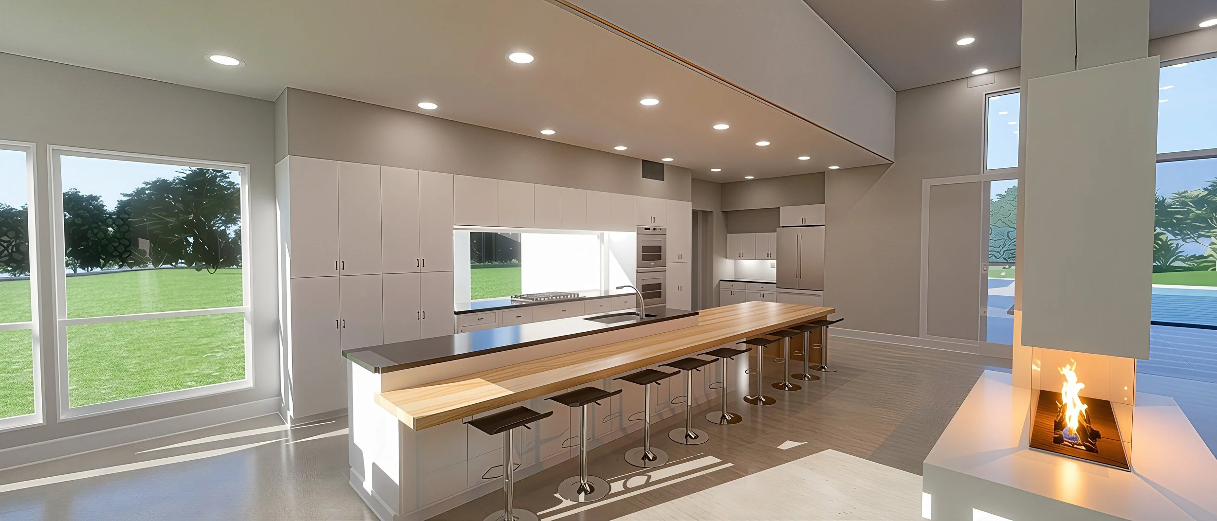 Modern kitchen with white cabinetry, a long wooden island with bar stools, large windows showing green outdoors, and a fireplace with a fire.