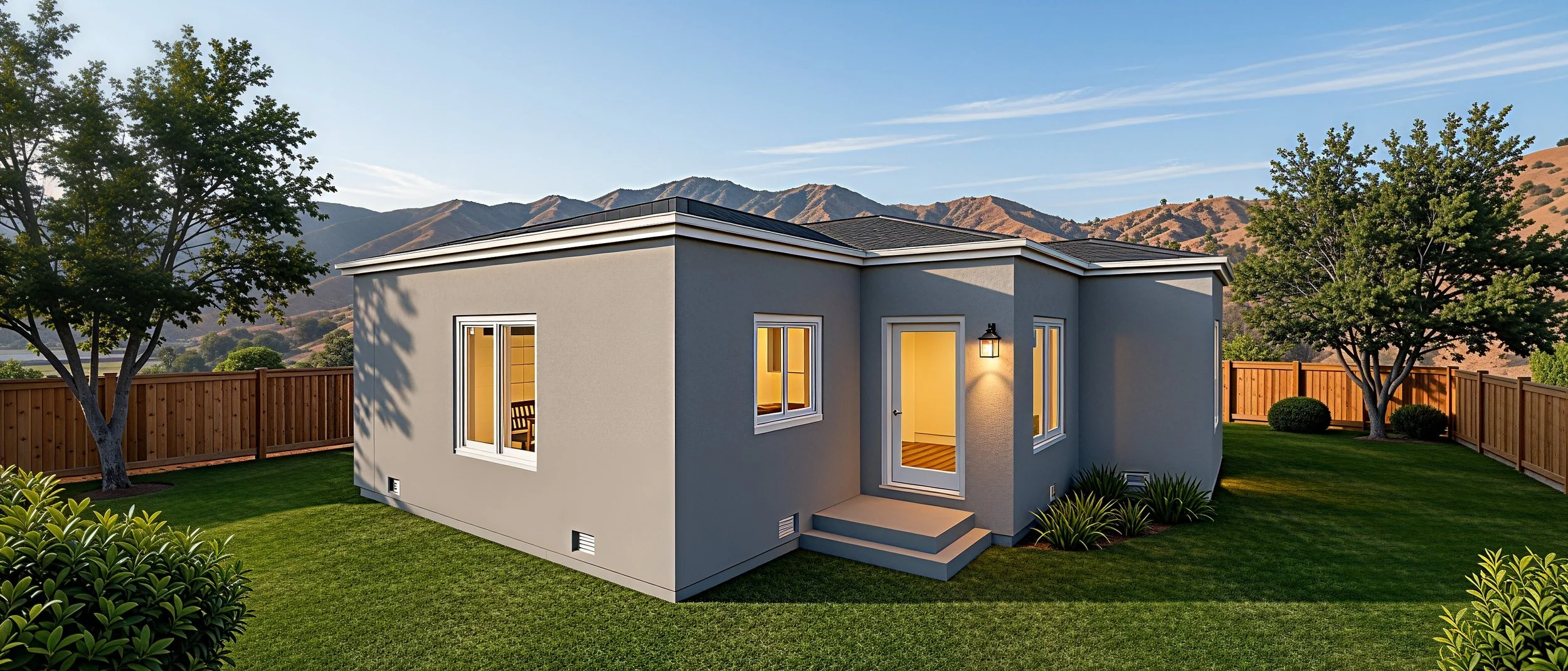 A modern single-story house with a fenced backyard, trees, and mountain view at sunset.
