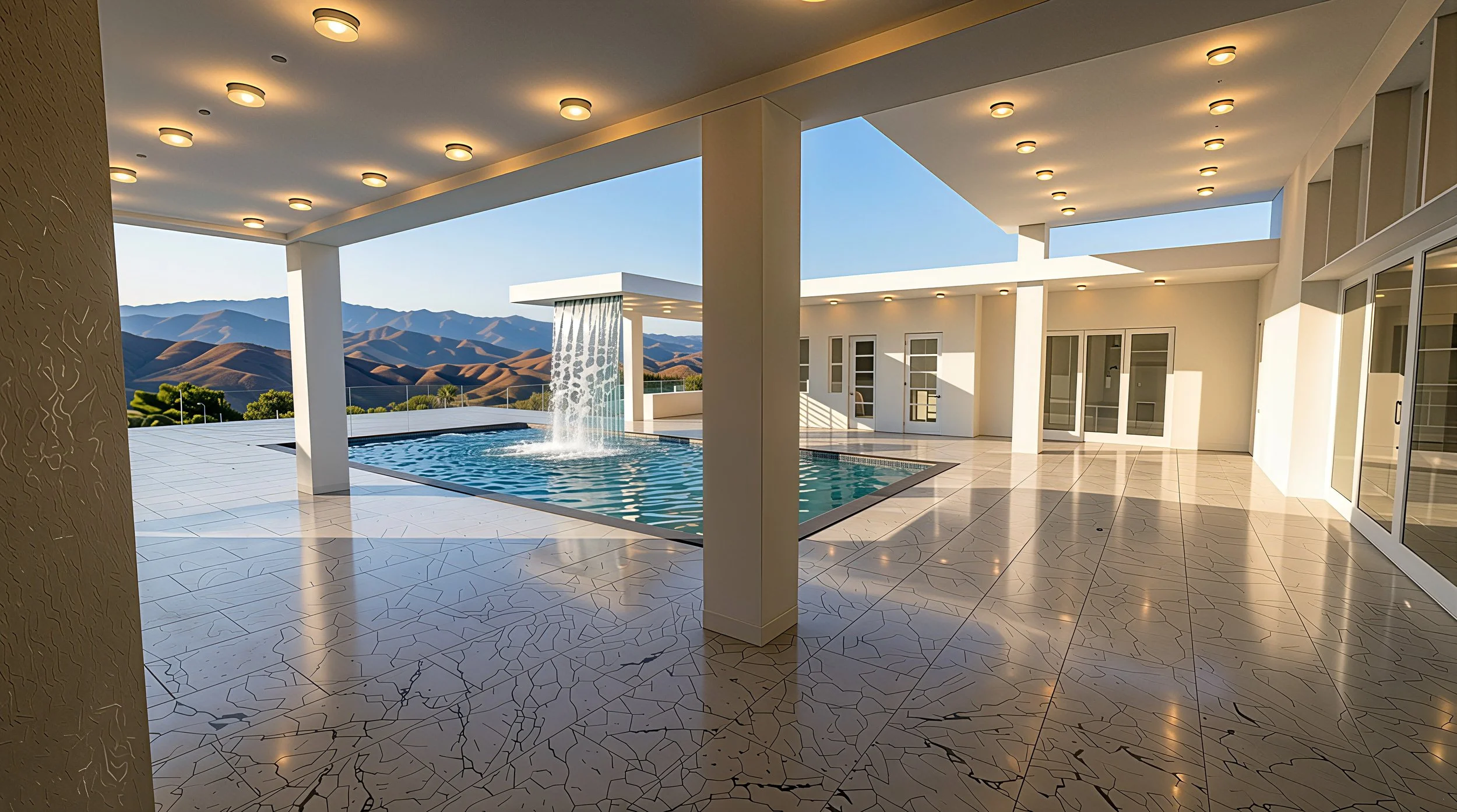 Modern patio with a swimming pool and waterfall feature, overlooking mountains in the background, with glass doors and sleek lighting fixtures.