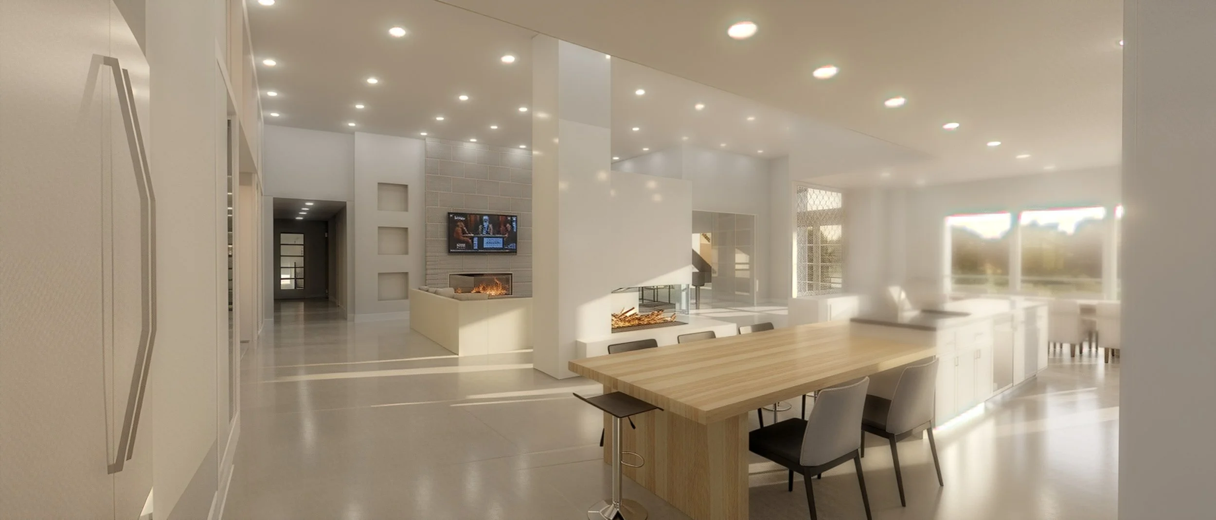 Modern open-concept kitchen and living room with white cabinetry, wooden dining table, gray chairs, and a fireplace with a wall-mounted TV above, illuminated by recessed ceiling lights and natural light from large windows.