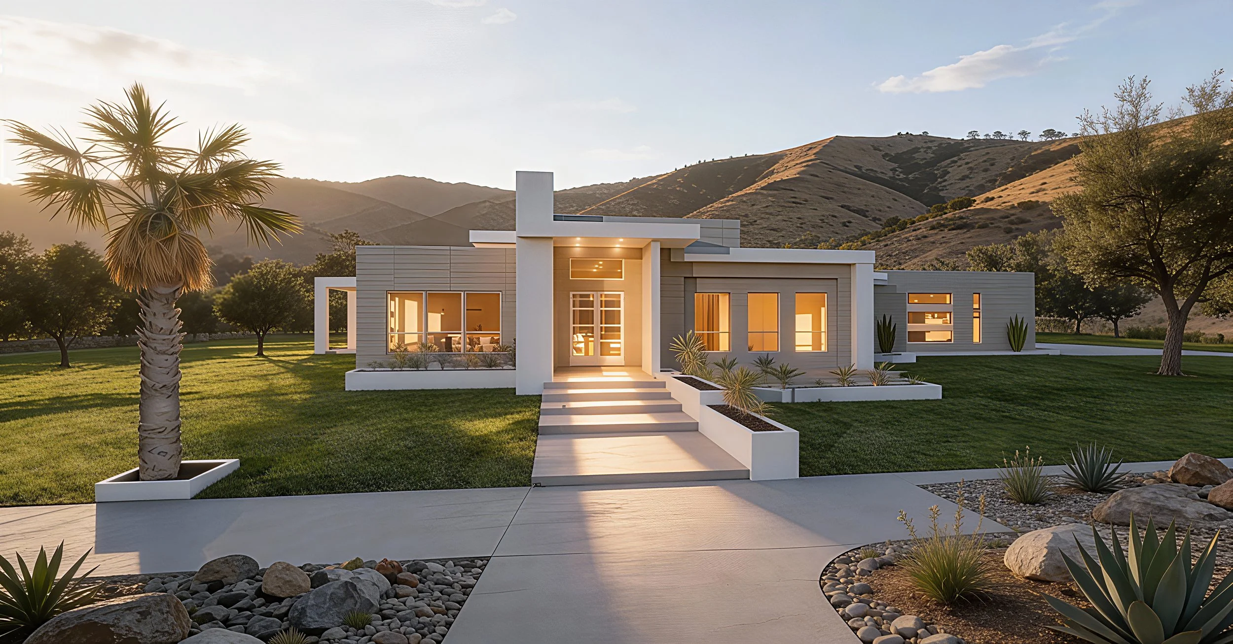 Modern house with white exterior walls, large windows, and landscaping including rocks, desert plants, and a palm tree, set against rolling hills during sunset.