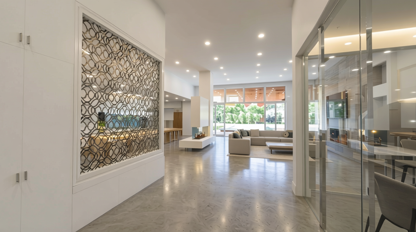 Spacious modern living room with white walls, hardwood floors, a beige sectional sofa, large windows with greenery outside, and a glass partition.