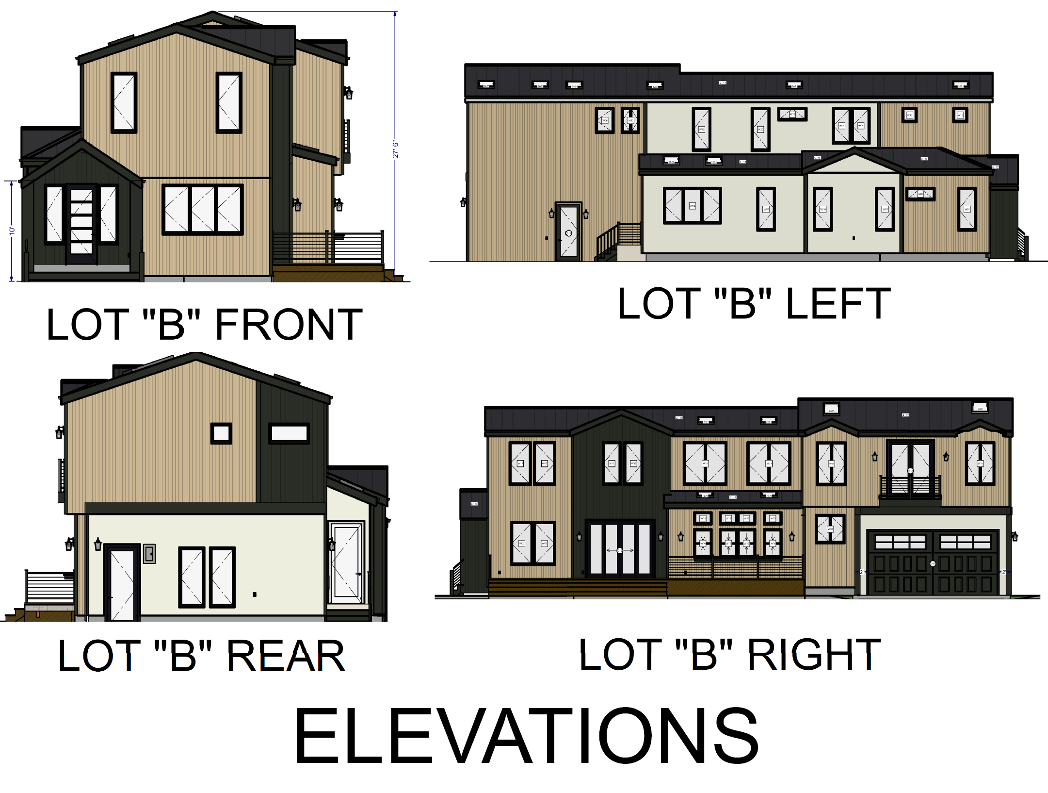 Architectural elevation drawings of a modern, multi-story house showing front, left, rear, and right views, with detailed dimensions and exterior design features.