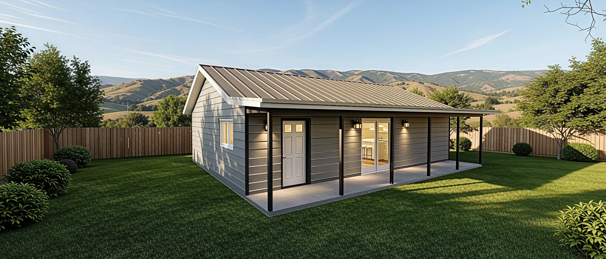 A modern gray house with a metal roof and a screened porch, surrounded by a fenced backyard with green grass and trees, with mountains in the background under a clear sky.