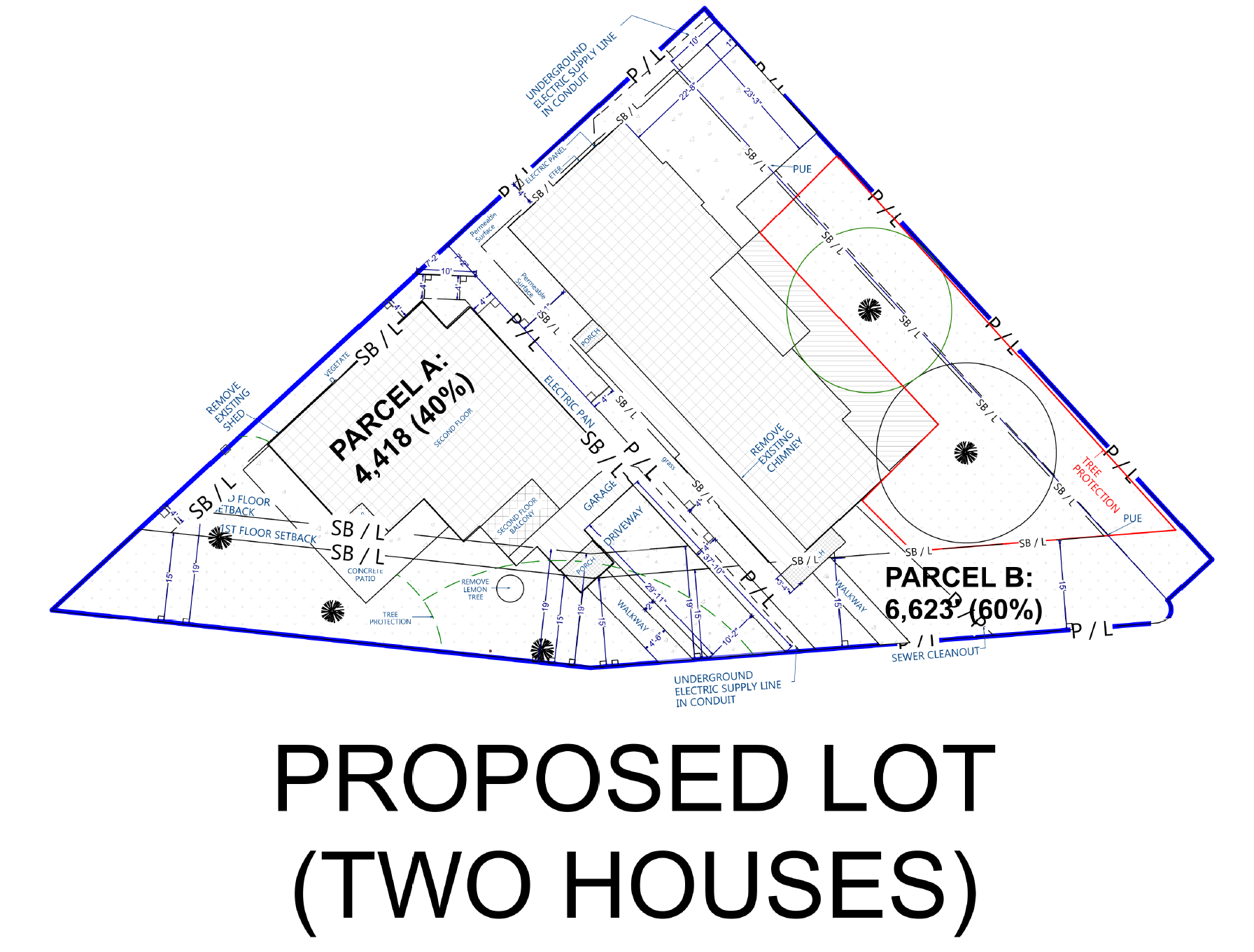 Site plan for a proposed lot with two houses, labeled Parcel A (4,418 sq ft, 40%) and Parcel B (6,623 sq ft, 60%), including utility lines, setbacks, garage, driveway, and landscaping elements.