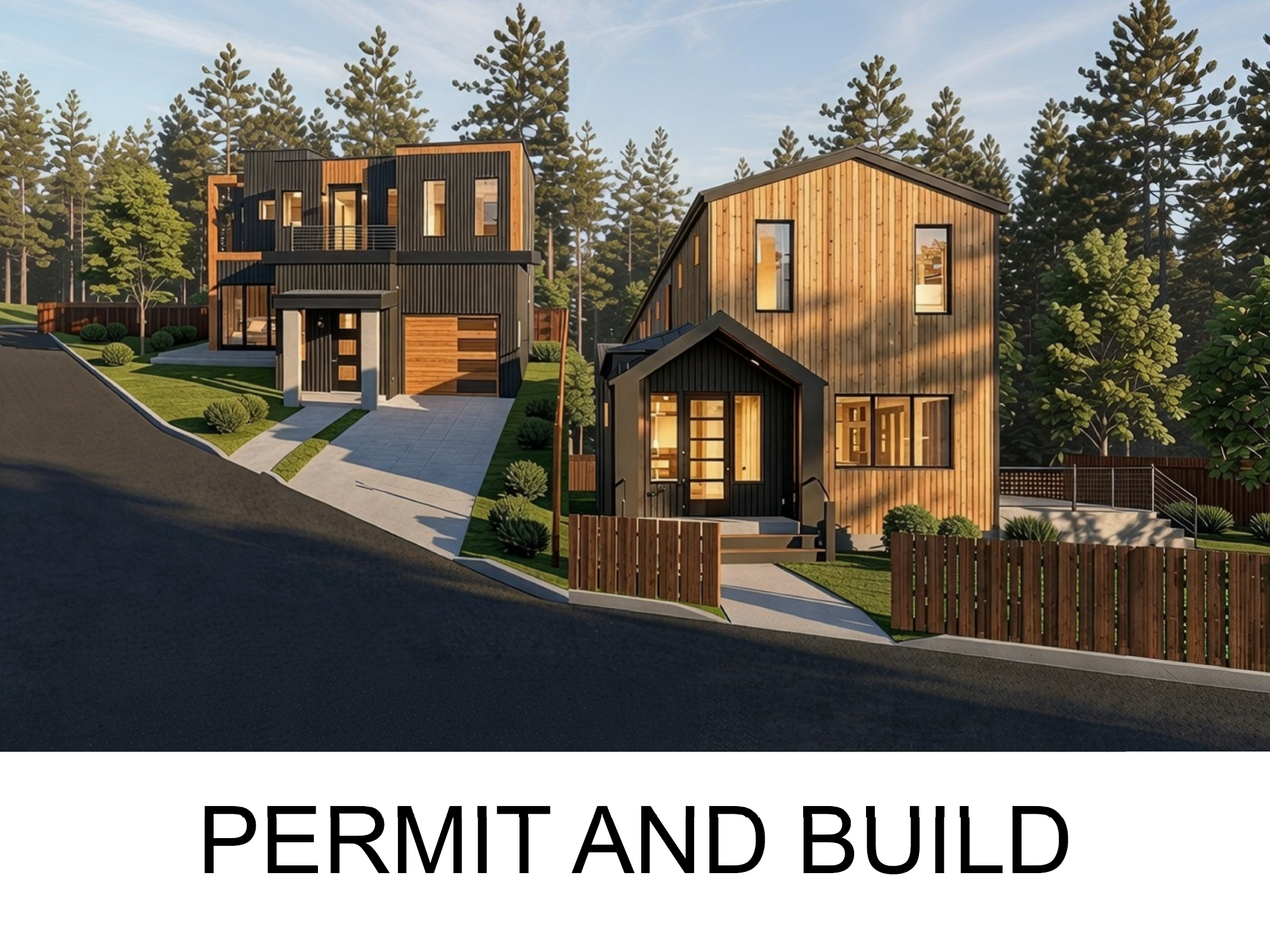A rendering of two modern houses on a sloped lot surrounded by trees, with a driveway, fences, and landscaped yards.