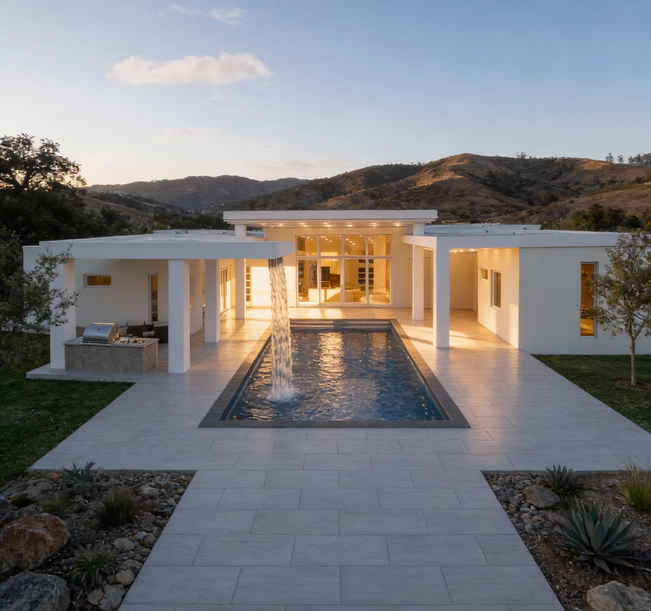 Modern white house with a rectangular swimming pool and a water feature in the backyard, surrounded by a patio with scenic hills in the background, during sunset.