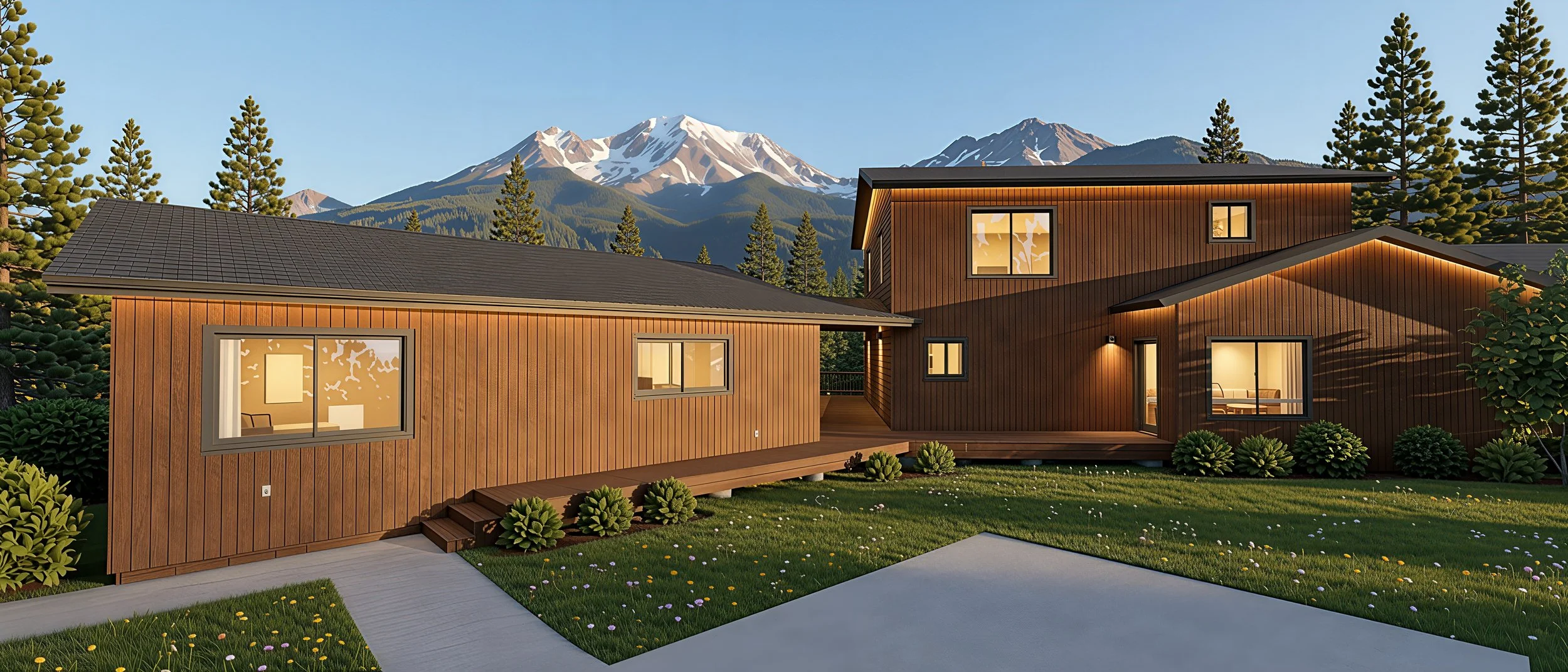 Modern wooden house with multiple levels, large windows, and outdoor landscape, mountains with snow and trees in the background.