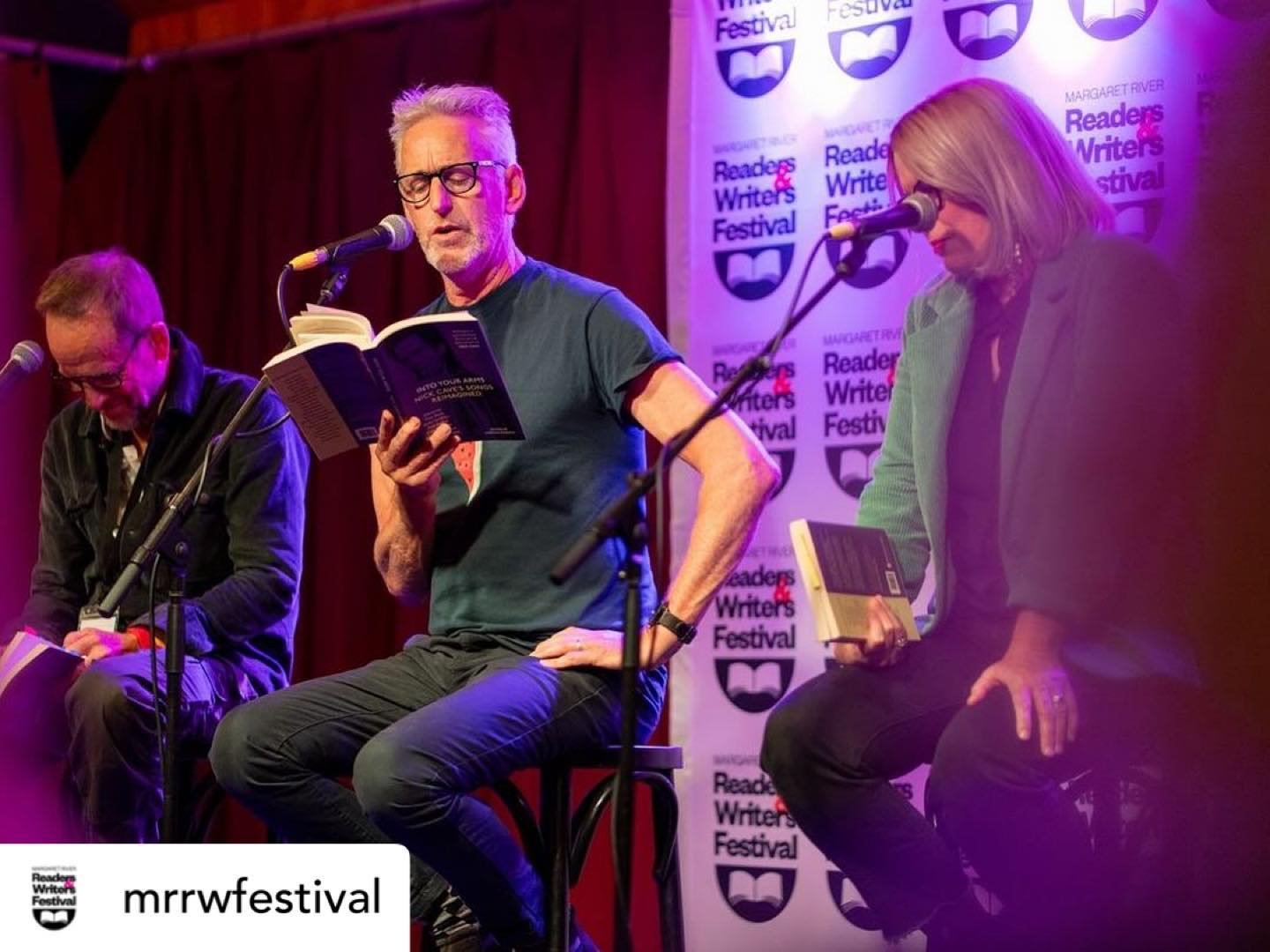 Posted @withregram &bull; @mrrwfestival Our Saturday night Special Event

Into Your Arms: Nick Cave&rsquo;s Songs Reimagined | Contributors @marksmithauthor @gillianoshaughnessy @jondoust joined host @glynnfluencer_  at @therivermargs.  @artsmargaret