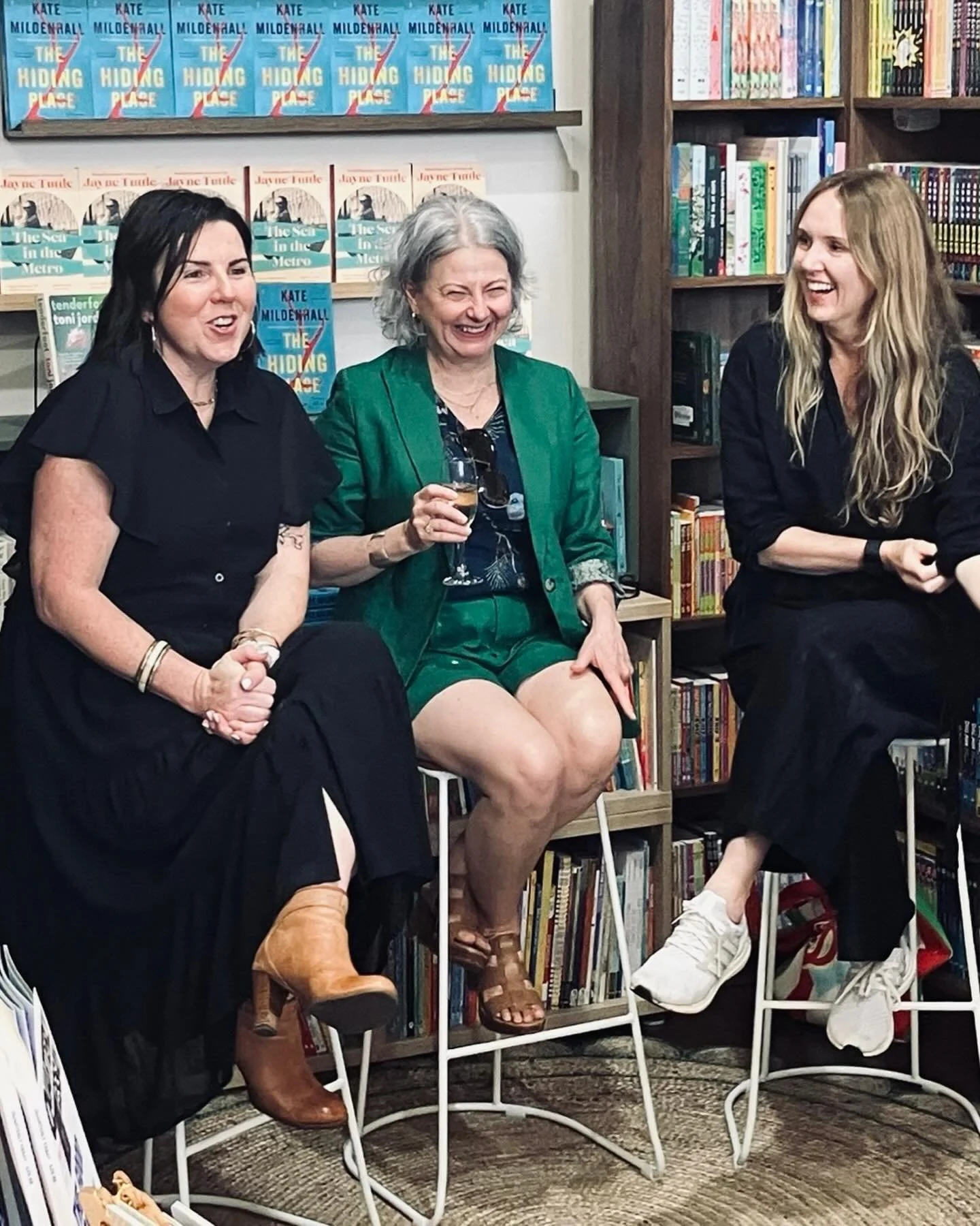 One of my first writing teachers @toni_jordan_writer flanked by two of my writing besties @kmildenhall and @jaynetuttle made for a great night @bookgrove 
These three are powerhouses and their new books Tenderfoot, The Hiding Place and The Sea In The