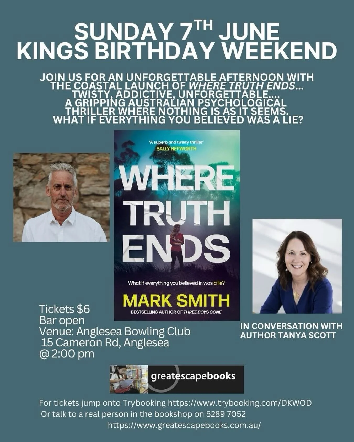 HEADS UP SURF COASTERS: I&rsquo;ll be launching my new thriller, Where Truth Ends, on Sunday June 7th at 2pm, at the Anglesea Bowling Club, with the aid of local legend @tanyascott&nbsp; 
We&rsquo;d love to see you there; the bar will be open and sig