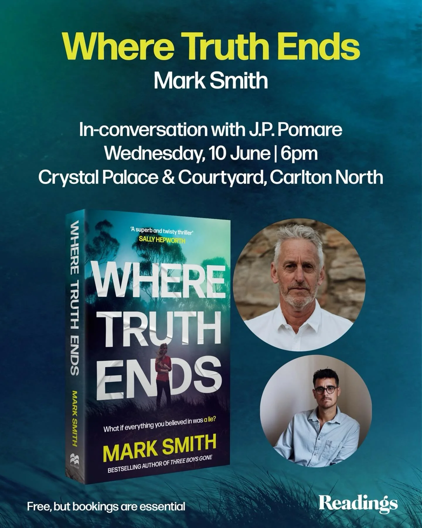 HEADS UP MELBOURNE READERS AND WRITERS: you are invited to join me and the inimitable @jppomare for the Melbourne launch of my new psychological thriller WHERE TRUTH ENDS on Wednesday June 10, 6pm at Crystal Palace in North Carlton - supported by @re