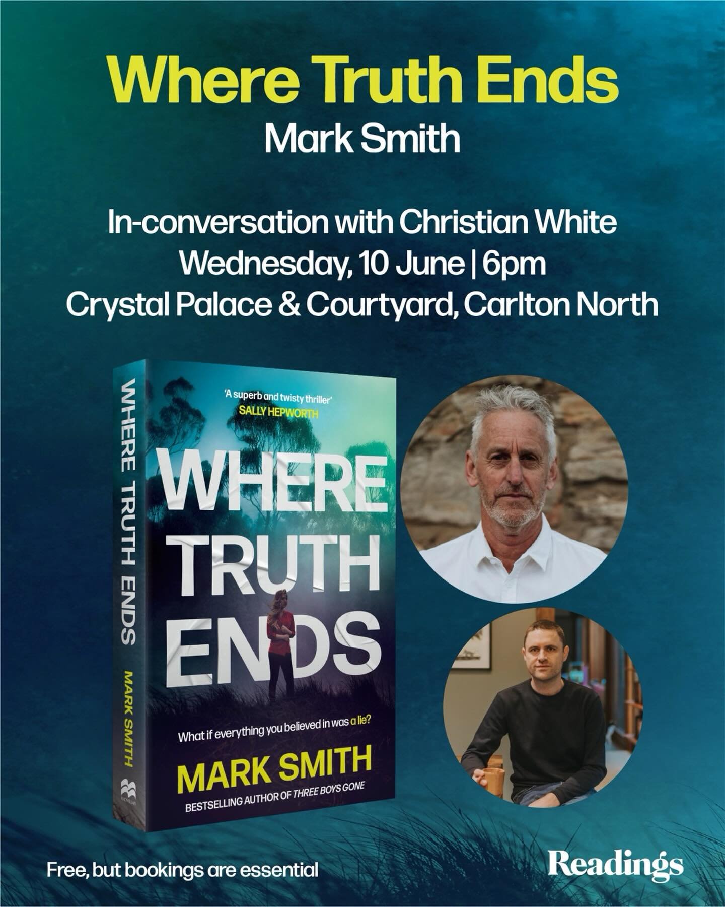 SAME, SAME BUT DIFFERENT: SAME time, SAME venue, DIFFERENT interviewer! The Melbourne launch of Where Truth Ends, supported by @readingsbooks is happening at @crystalpalace_and_courtyard on Wednesday June 10th at 6pm. Stepping into the interviewing r