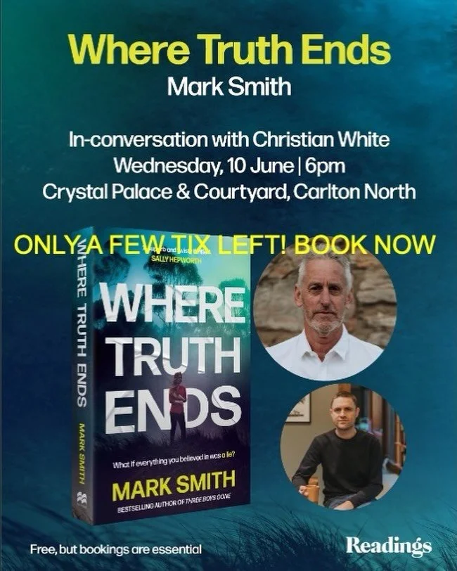 It&rsquo;s only one week until the Melbourne launch of WHERE TRUTH ENDS at @crystalpalace_and_courtyard (743 Nicholson St, Nth Carlton). Because of licensing restrictions we have to cap the numbers and we&rsquo;d hate you to miss out - so please book
