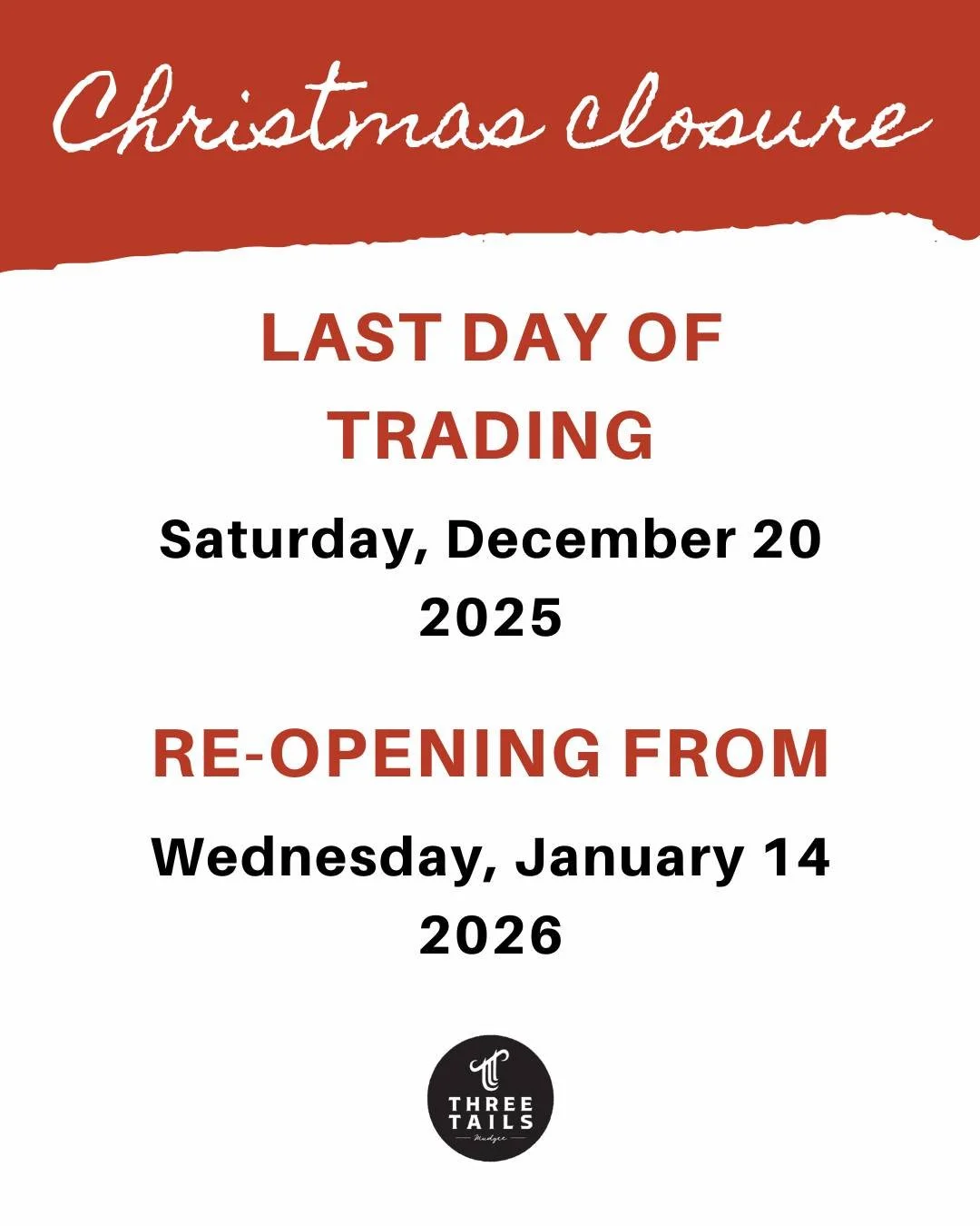 Christmas trading🎄 We&rsquo;re gearing up for the end of the year &amp; a little break for the Three Tails team 🙌 Our last day of trading will be Saturday, December 20 from midday until late. Our doors will swing back open on Wednesday, January 14 