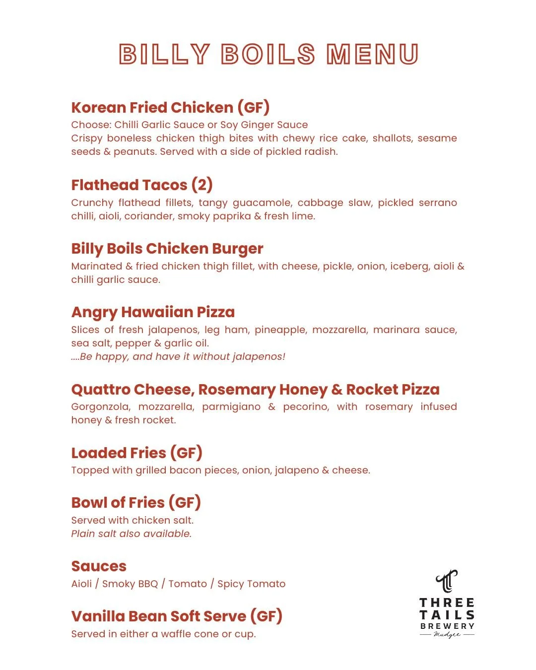 Billy Boils joins the Three Tails family 🙌 🤤 We&rsquo;re thrilled to welcome Billy Boils to our brewery &amp; kitchen, bringing the best pizzas, tacos &amp; of course, their famous Korean fried chicken 🍽️ 
 
From next Wednesday (January 14) when w