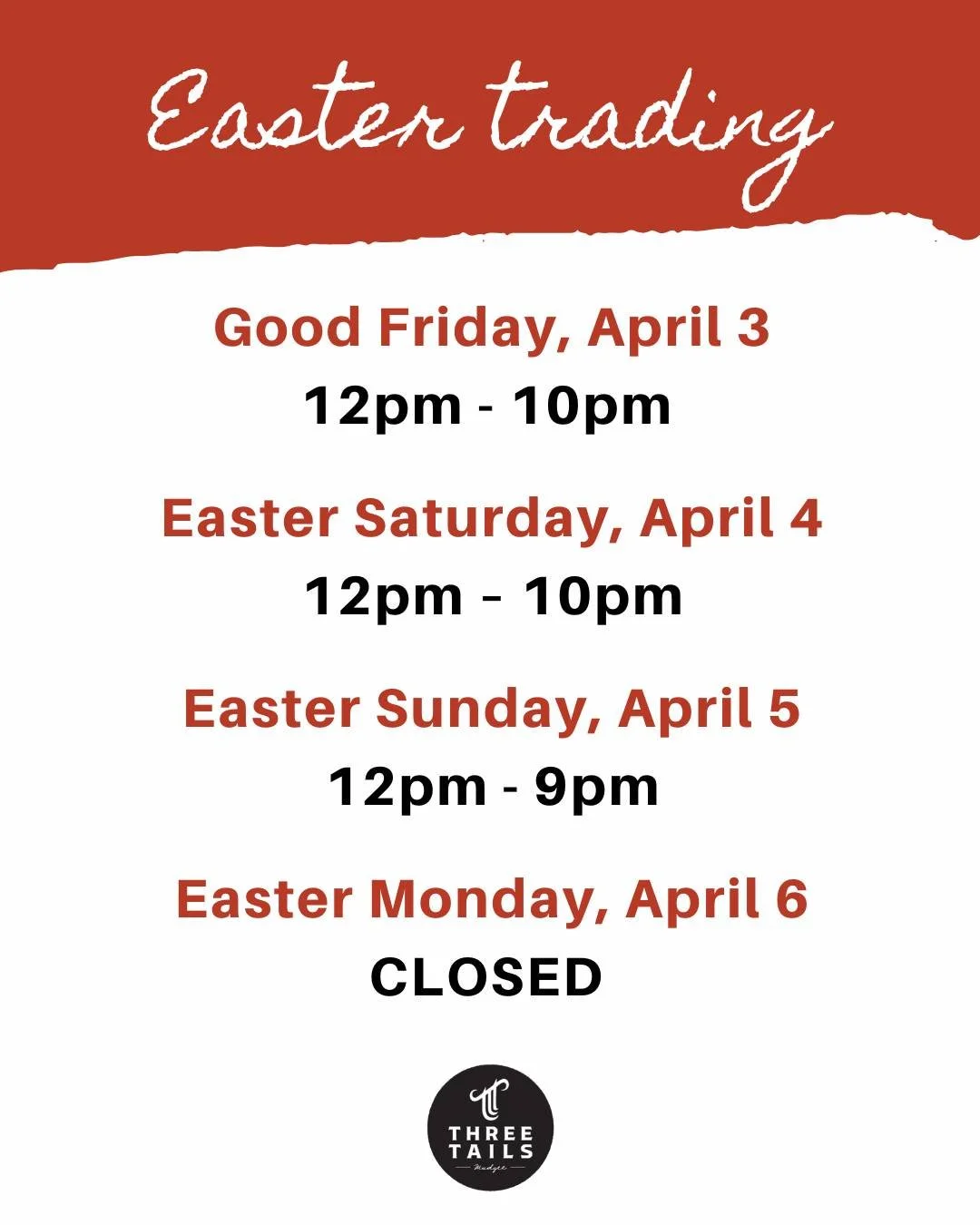 Easter trading at Three Tails 🐇🍻
 
Easter is coming in hot &amp; we&rsquo;re gearing up for a BIG weekend. We&rsquo;ll be open from midday on Good Friday, Easter Saturday &amp; Easter Sunday, before closing on Easter Monday to recover 😉
 
PS - our