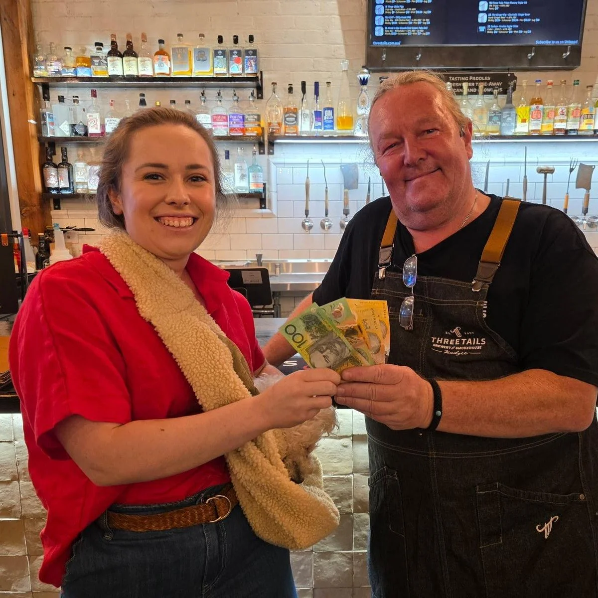 Last week&rsquo;s badge draw winner, Hannah Tindell, took home a cool $500 cash 😉 If you&rsquo;re feeling lucky, pop down to Three Tails tomorrow from 6.30pm to feast on the last few days of @billyboils_mudgee fare &amp; score a few badge draw prize