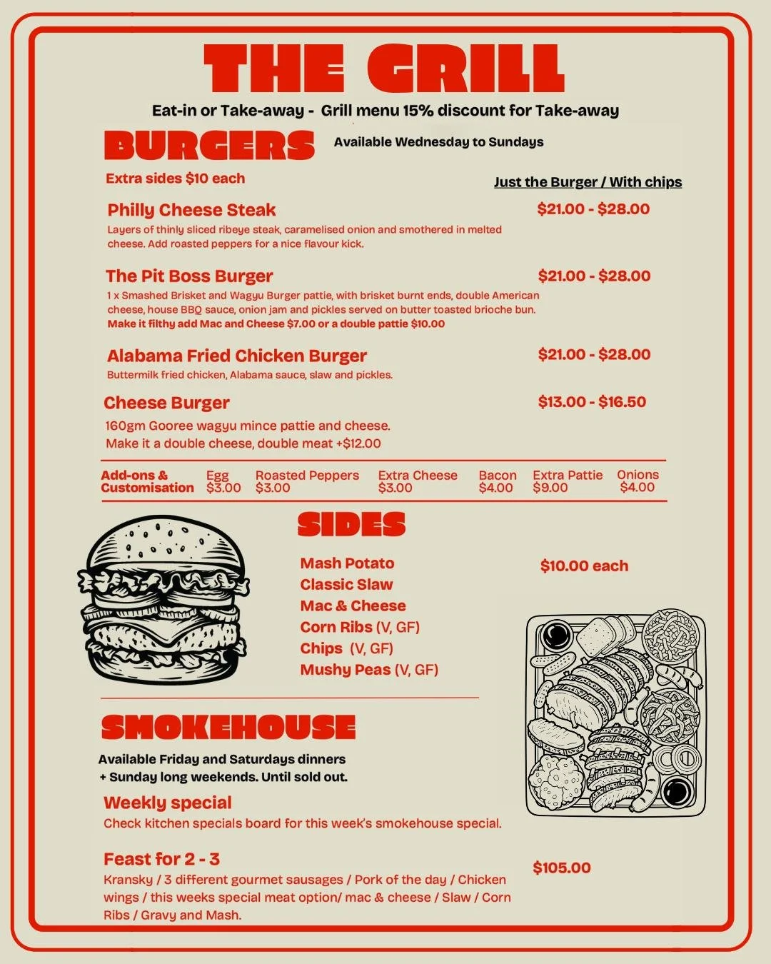 LATEST MENU 🍽️
 
Our tasty American diner style menu has been tweaked to reflect what you&rsquo;ve been loving 🤤 Burgers. Cheese steaks. Sausages. Pizzas. This menu will have you drooling!

SPECIAL CUTS | every week, we will release a limited numbe