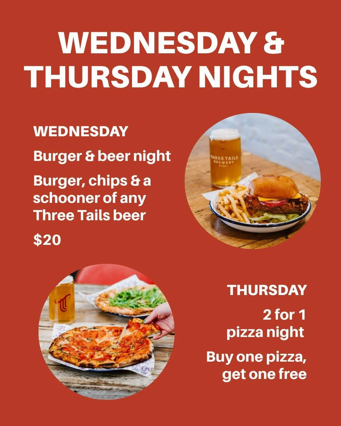 Good things are coming to Three Tails this week 👏🍕 
 
We&rsquo;re bringing good food, beer &amp; vibes together in a big way, kicking off our tasty burger combo night on Wednesdays &amp; 2-for-1 pizza night on Thursdays 🤤
 
Drop in &amp; score a s