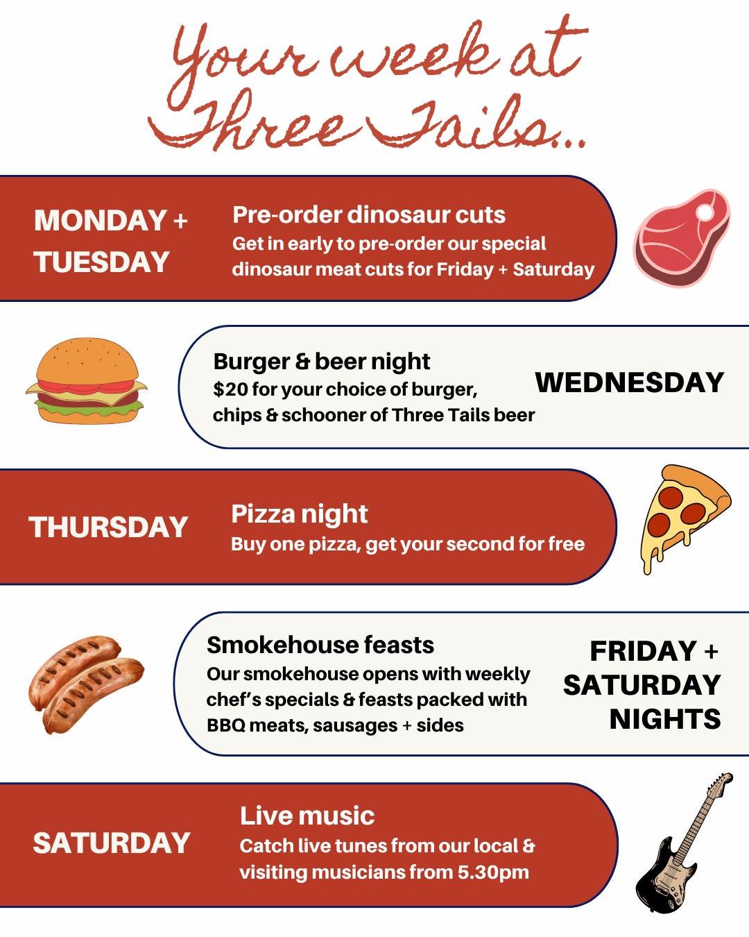 Your weekly guide to Three Tails 🙌 From burger deals &amp; 2-for-1 pizza nights, to smokehouse pre-orders &amp; live tunes, Three Tails has something for everyone - every night of the week 😉🍻