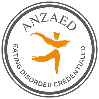 Logo of ANAzed, an eating disorder credentialing organization, featuring an abstract orange figure with outstretched arms and legs, in a stylized dance pose, with the organization name encircling it.