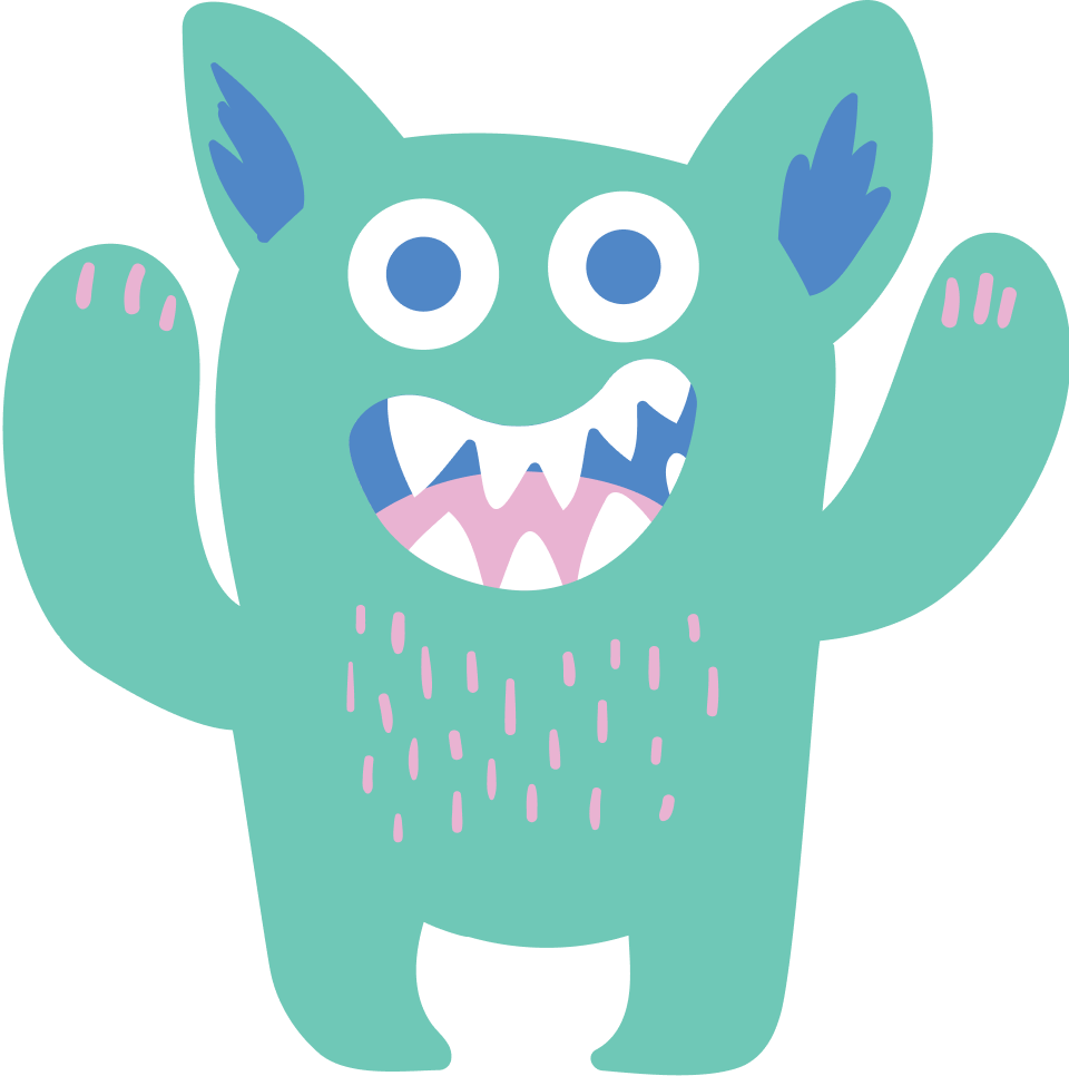 A cartoon of a teal monster with big eyes, sharp teeth, and blue ears, raising its arms.