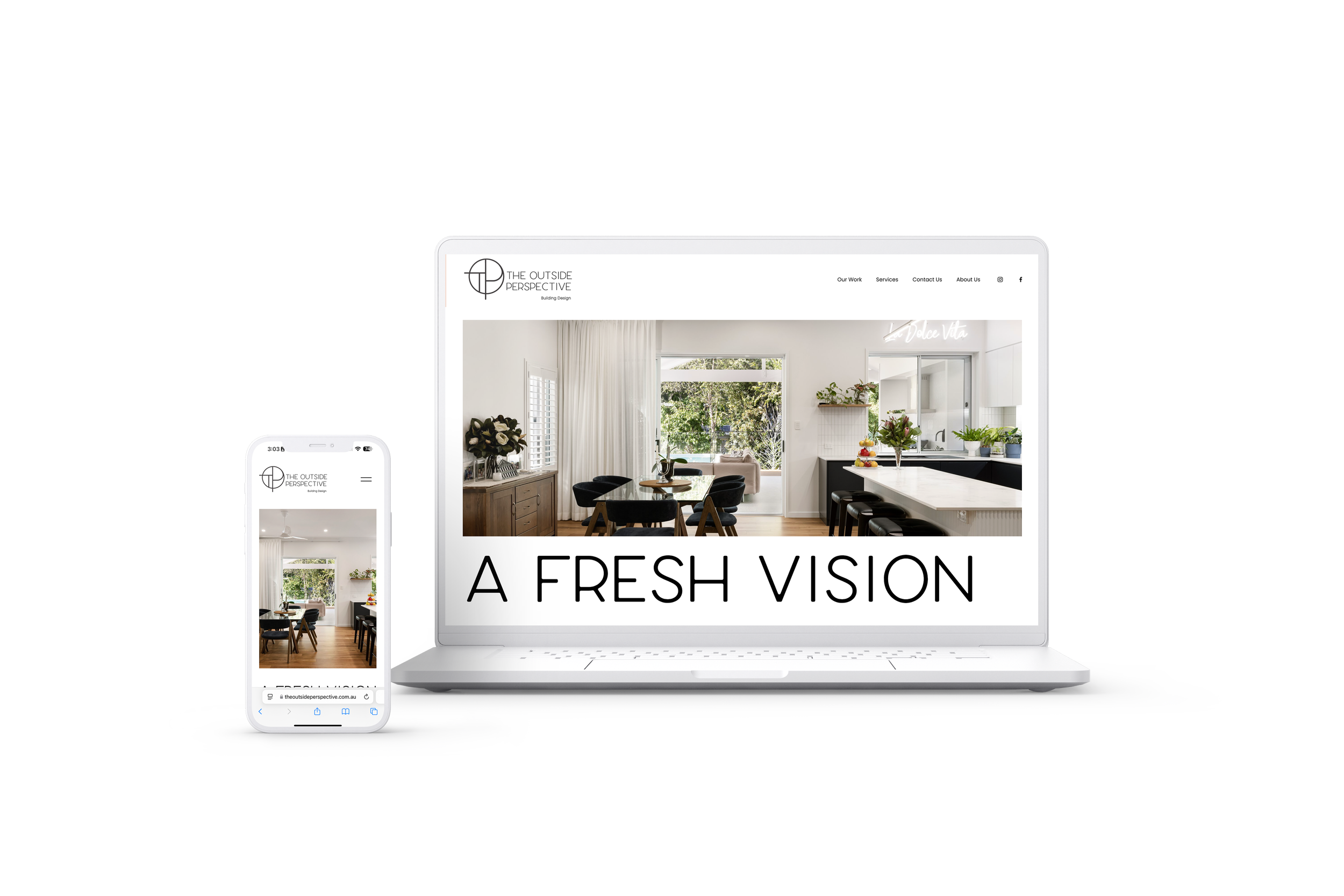 Laptop and smartphone displaying a modern, minimalist interior design website with the headline "A Fresh Vision" and an image of a bright, airy dining area with large window, black chairs, white curtains, and a kitchen with plants and a counter.