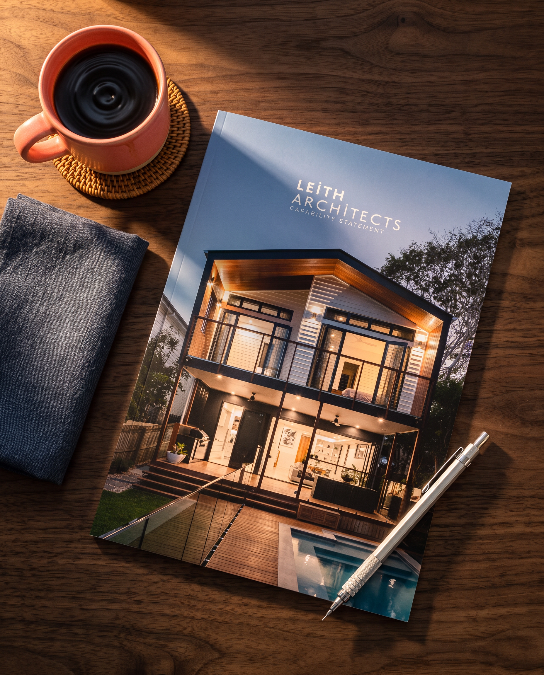 A cup of black coffee on a woven coaster, a magazine titled 'Leith Architects Capability Statement' with a modern house photograph, a gray cloth napkin, and a silver pen on a wooden table.