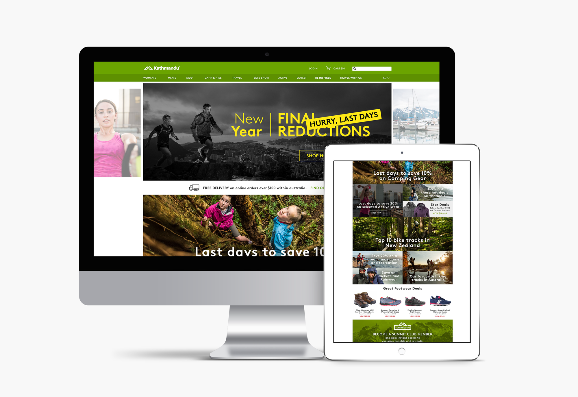 athmandu Final Reductions sale campaign and email design shown on desktop and tablet by Lauren Bird Design