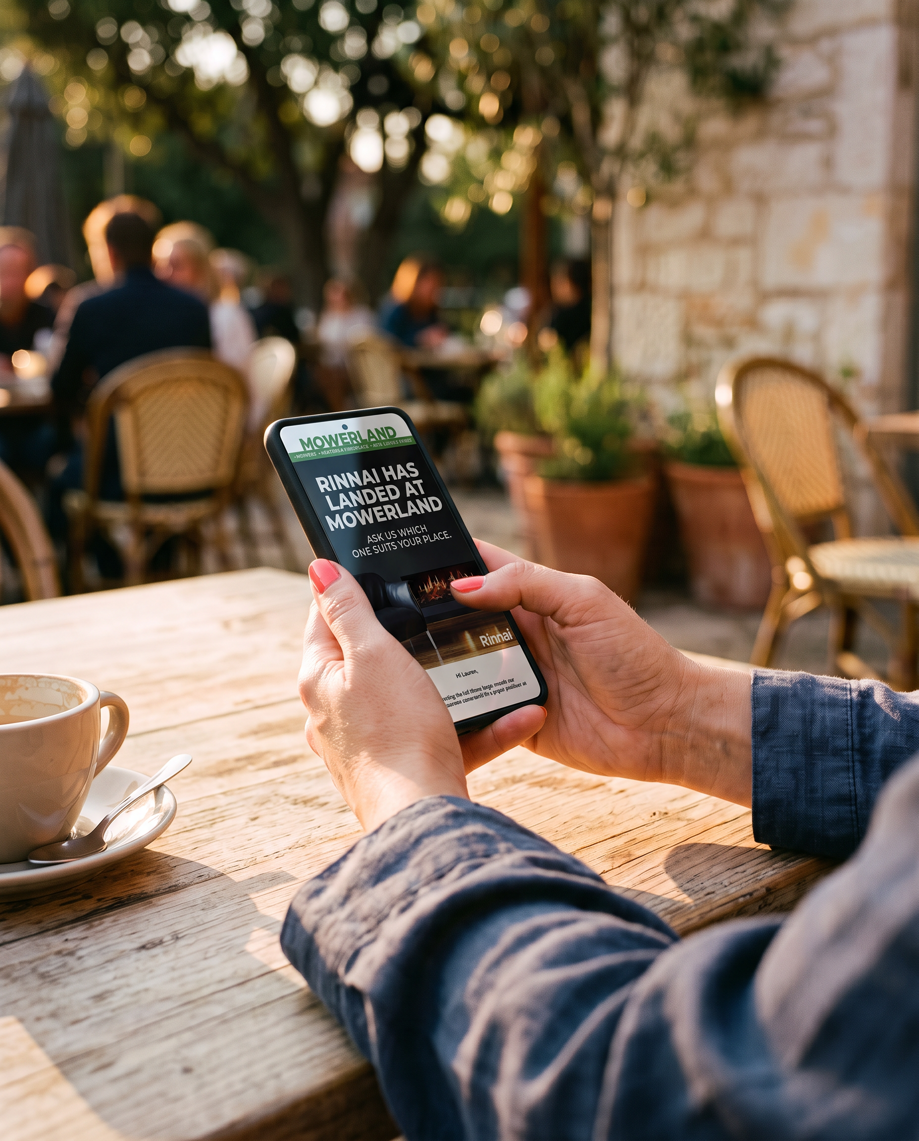 Person holding a smartphone displaying a news headline about Rinnai, with a blurred outdoor cafe scene in the background.