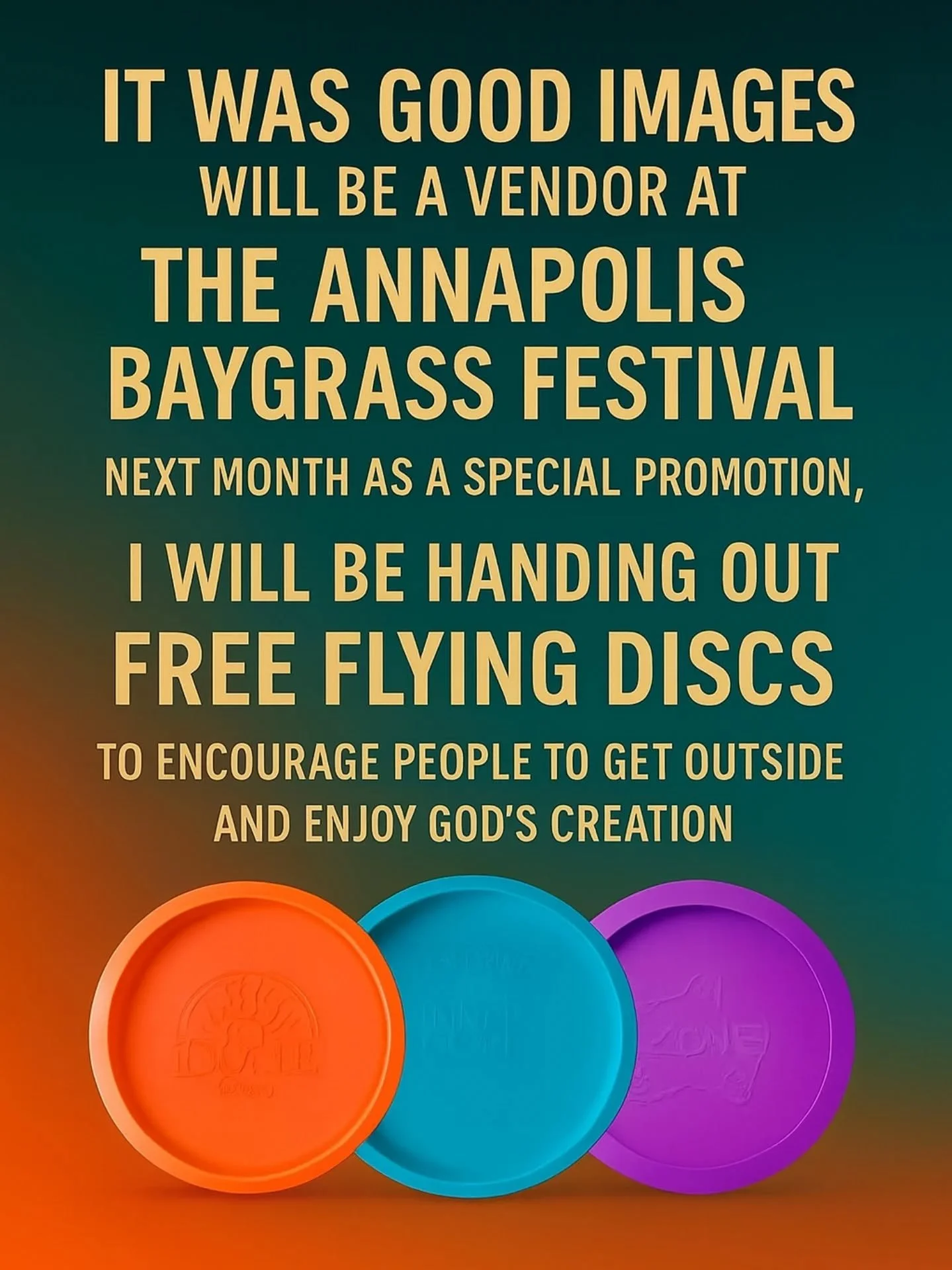 ✨ Join me at The Annapolis Baygrass Festival! 🌿

I'm so excited to be a vendor at this year&rsquo;s festival, celebrating music, community, and God&rsquo;s beautiful creation. As a special promotion, IT Was Good Images will be giving away FREE flyin