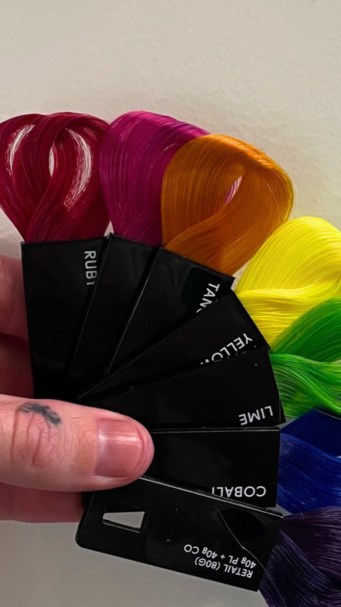 Salon customer showing the back of their rainbow hair