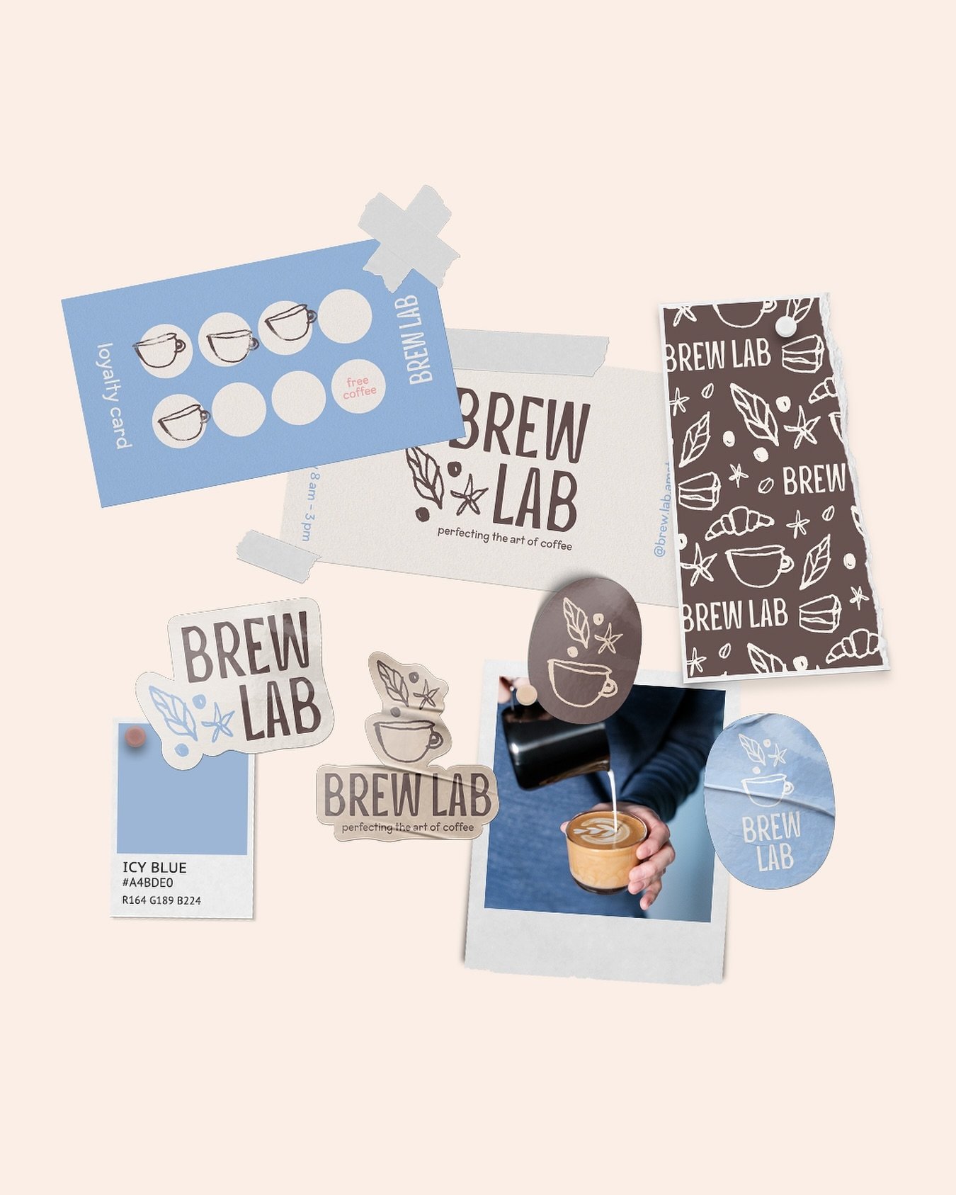 another look at some of the brand assets of brew lab ☕️🥐

love how all of these look together in a little vibe board ✨
brew lab is a cafe that focuses on the art of brewing coffee &amp; serving delicious snacks ☕️🥐

would you stop by and have a cof