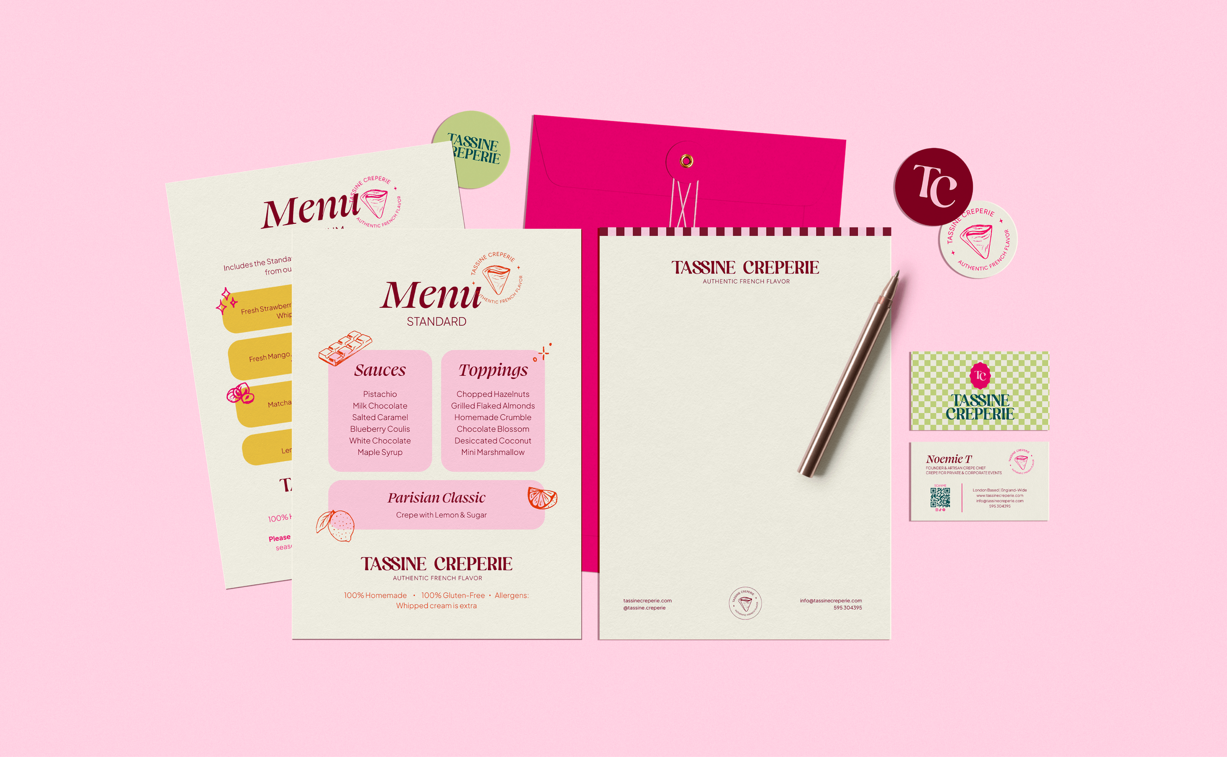Coordinated brand touchpoints including print assets, a letterhead, business cards, stickers & a menu