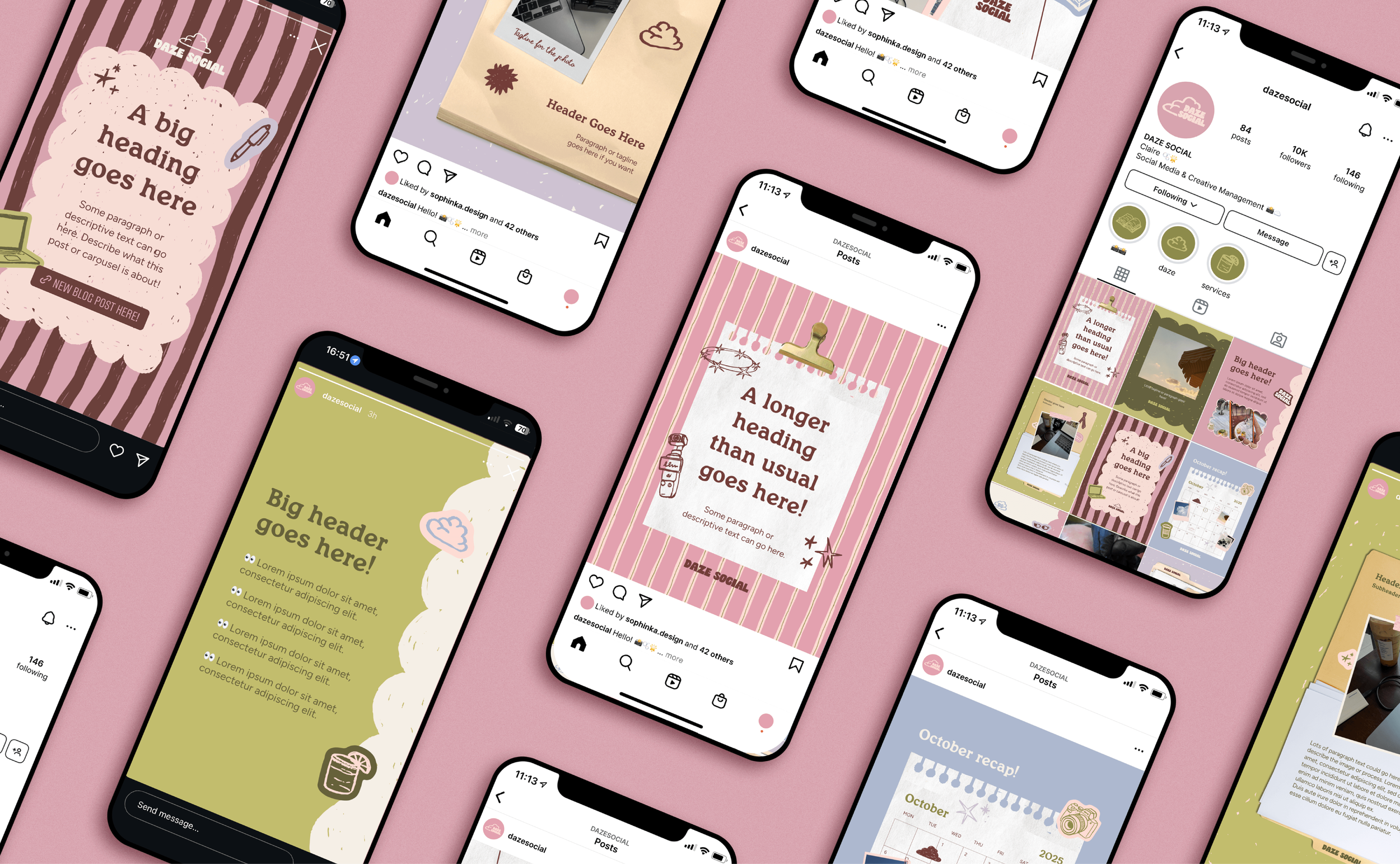 Branded Instagram carousel templates using consistent colours, fonts and graphic elements