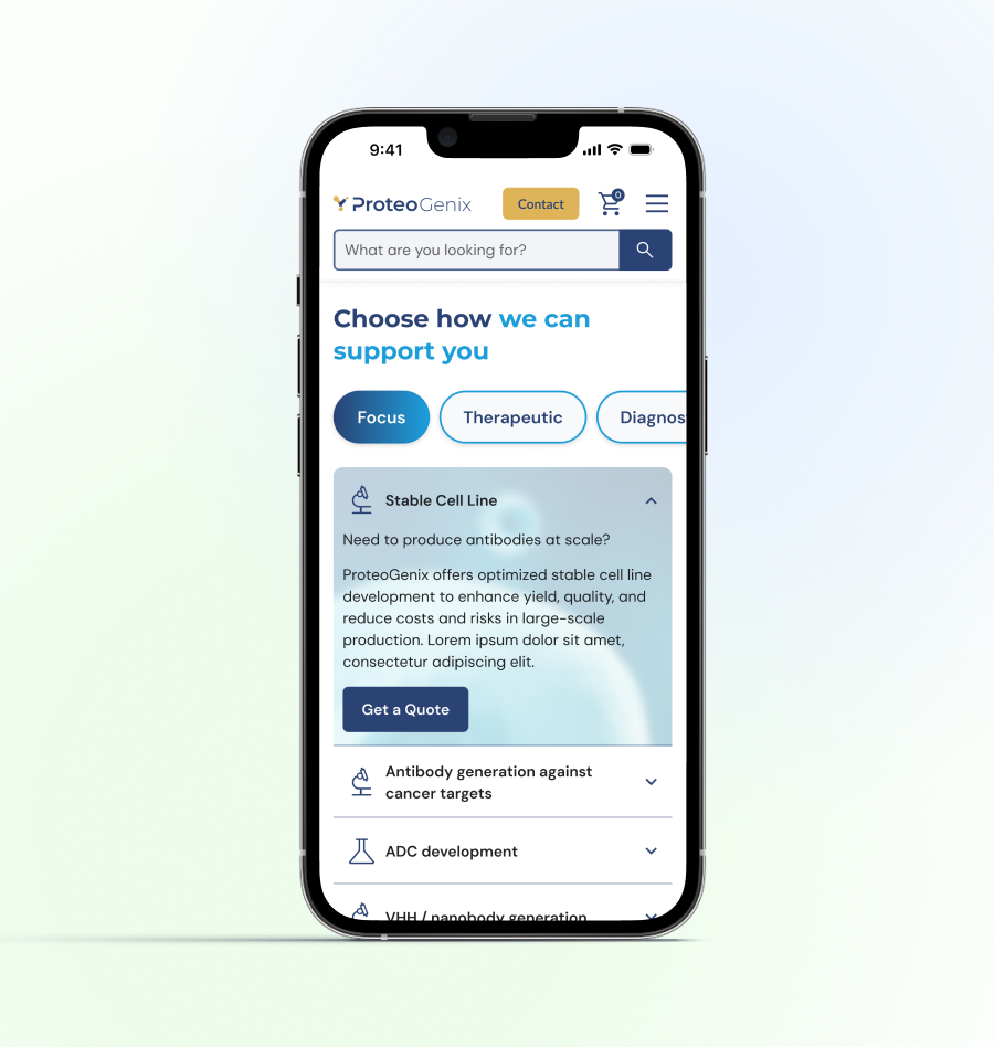 Mockup of a mobile website for ProteoGenix, a biotech company, displaying options to choose support services like focus, therapeutic, and diagnostic, with a section about stable cell line development.